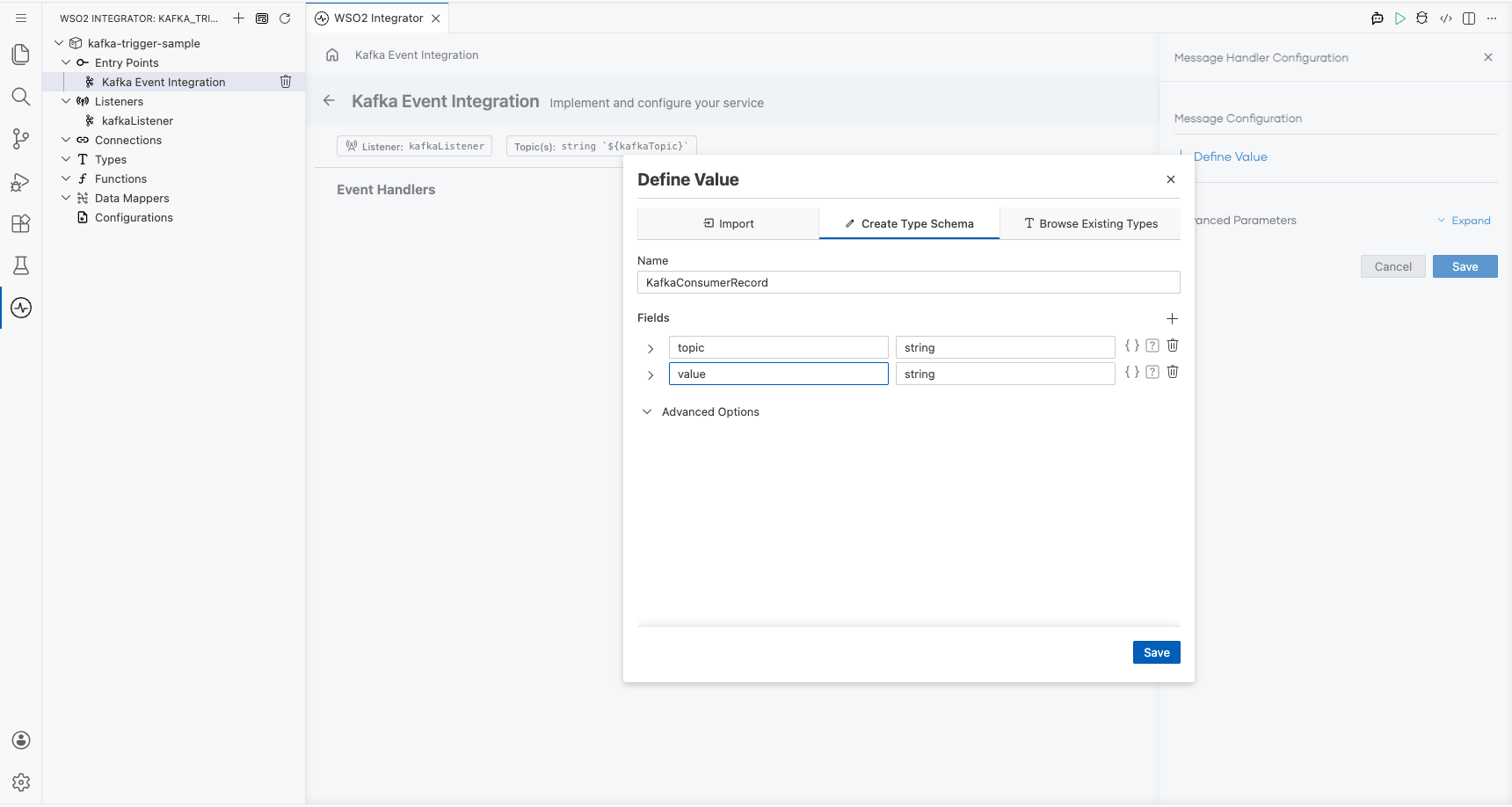 Define Value modal on the Create Type Schema tab showing the KafkaConsumerRecord name and payload fields filled in before Save