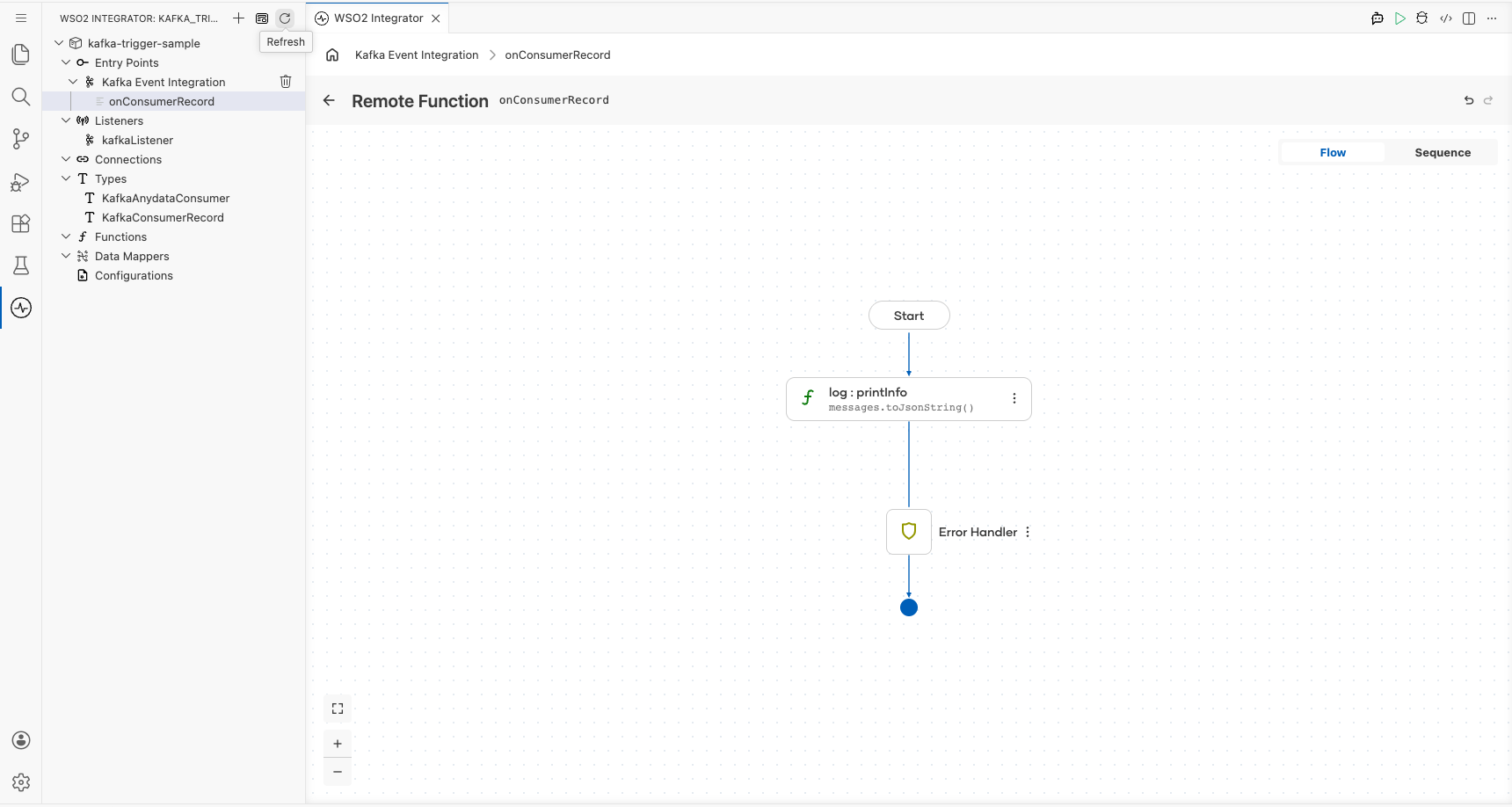 Handler flow canvas showing the log step added between Start and Error Handler