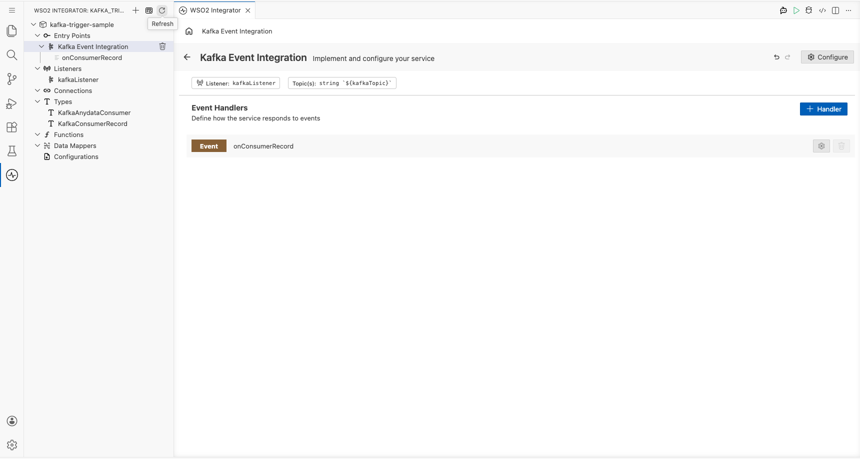 Final Service view showing the registered Event onConsumerRecord handler row in the Event Handlers list