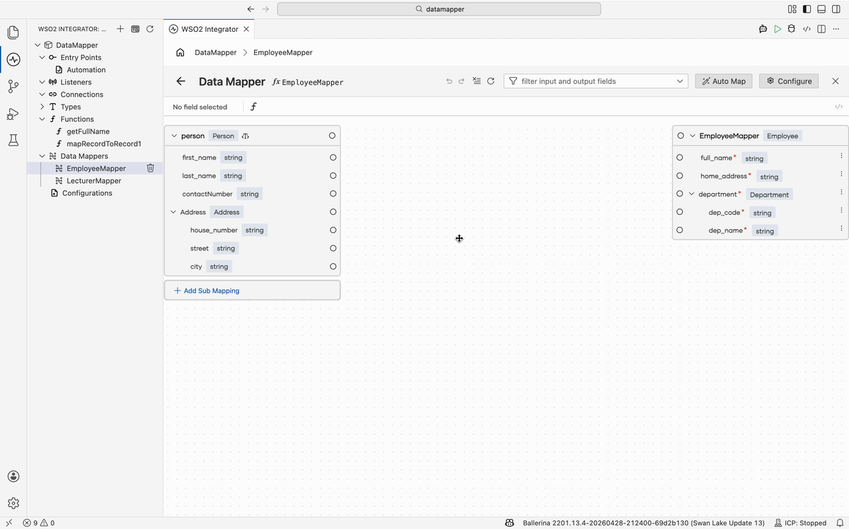 Map with Transformation Function opening a nested data mapper view for the selected fields