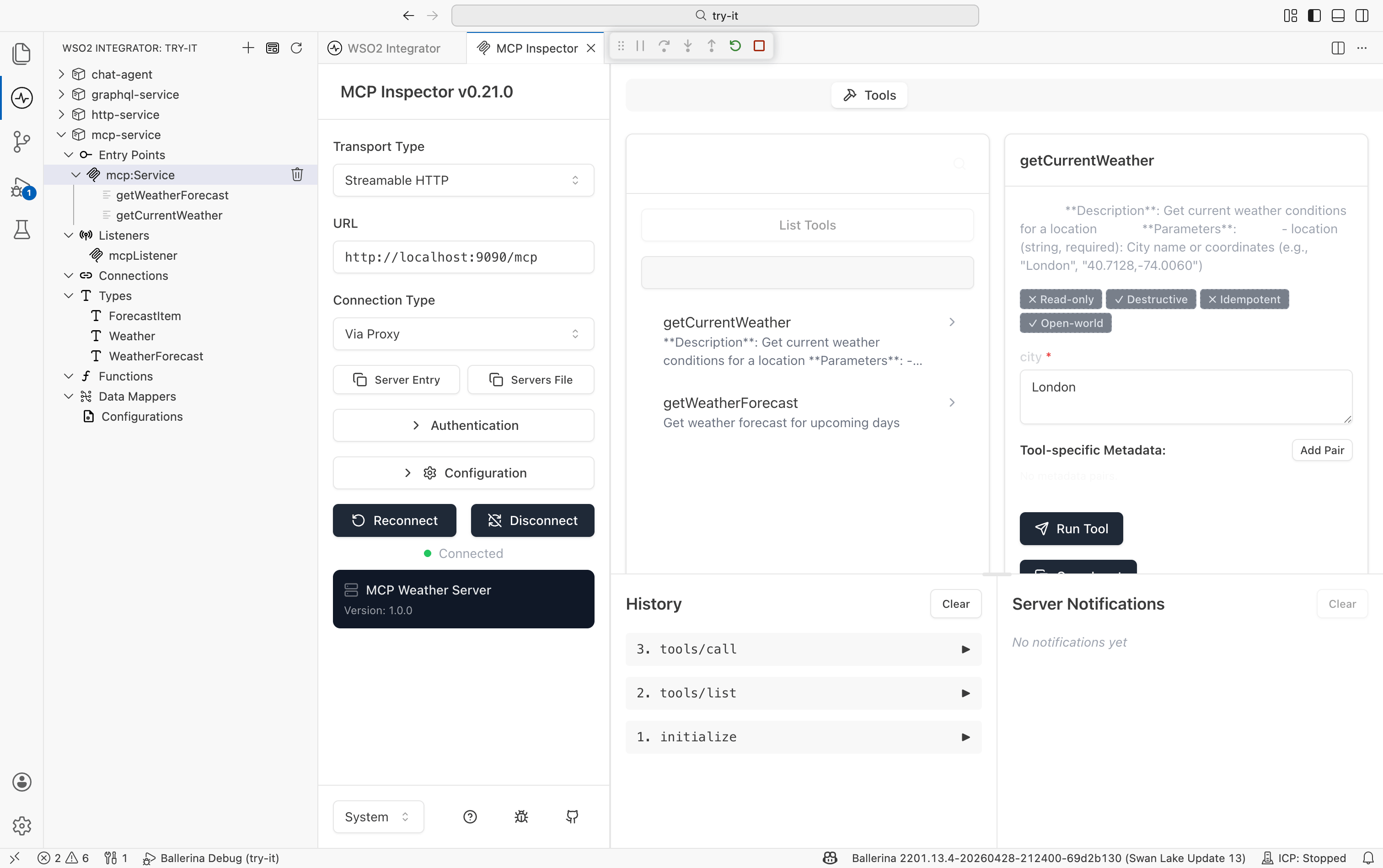 MCP Inspector showing connection panel, tool list, and tool detail panels