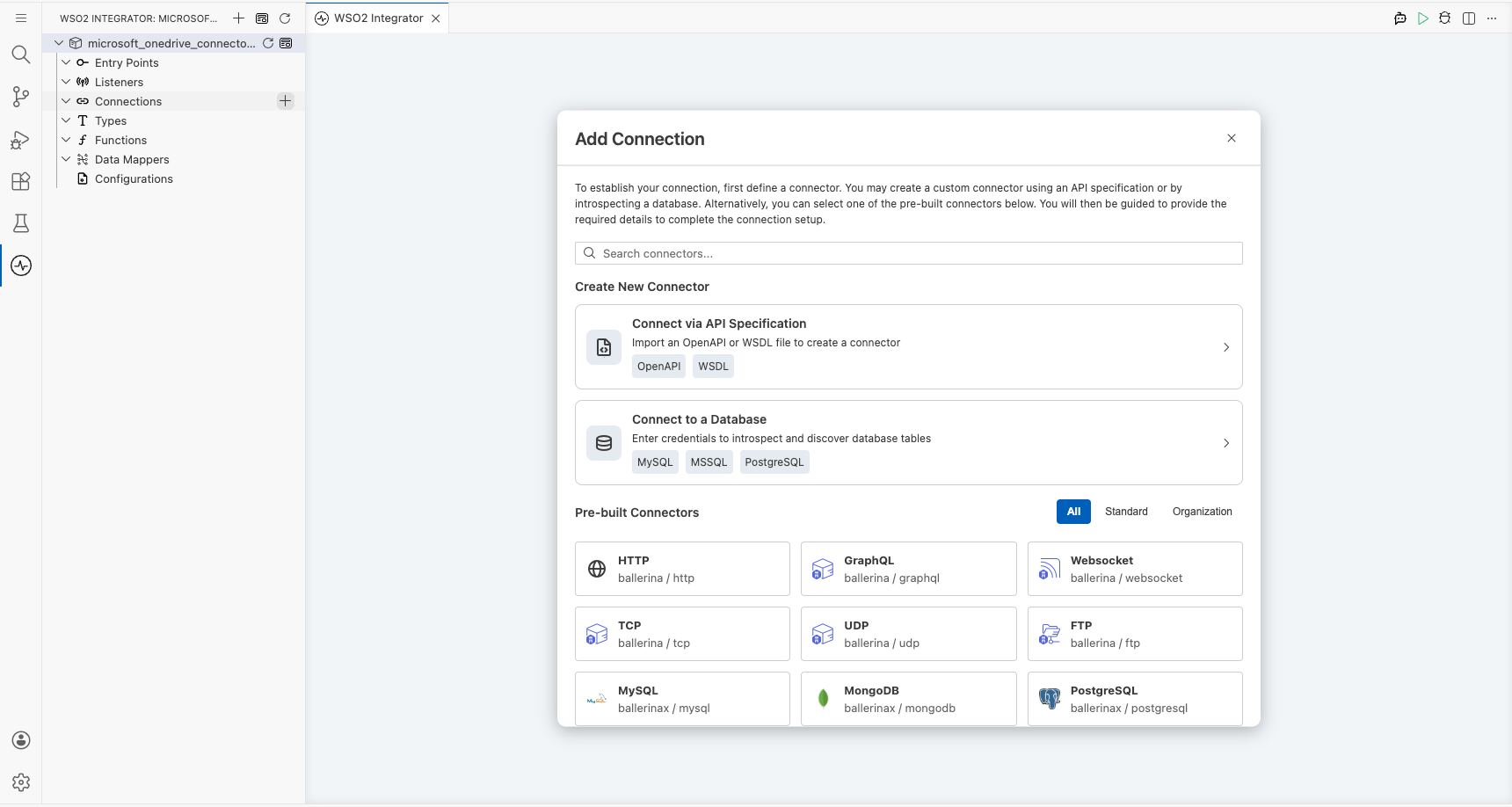 Microsoft OneDrive connector palette open with search field before any selection