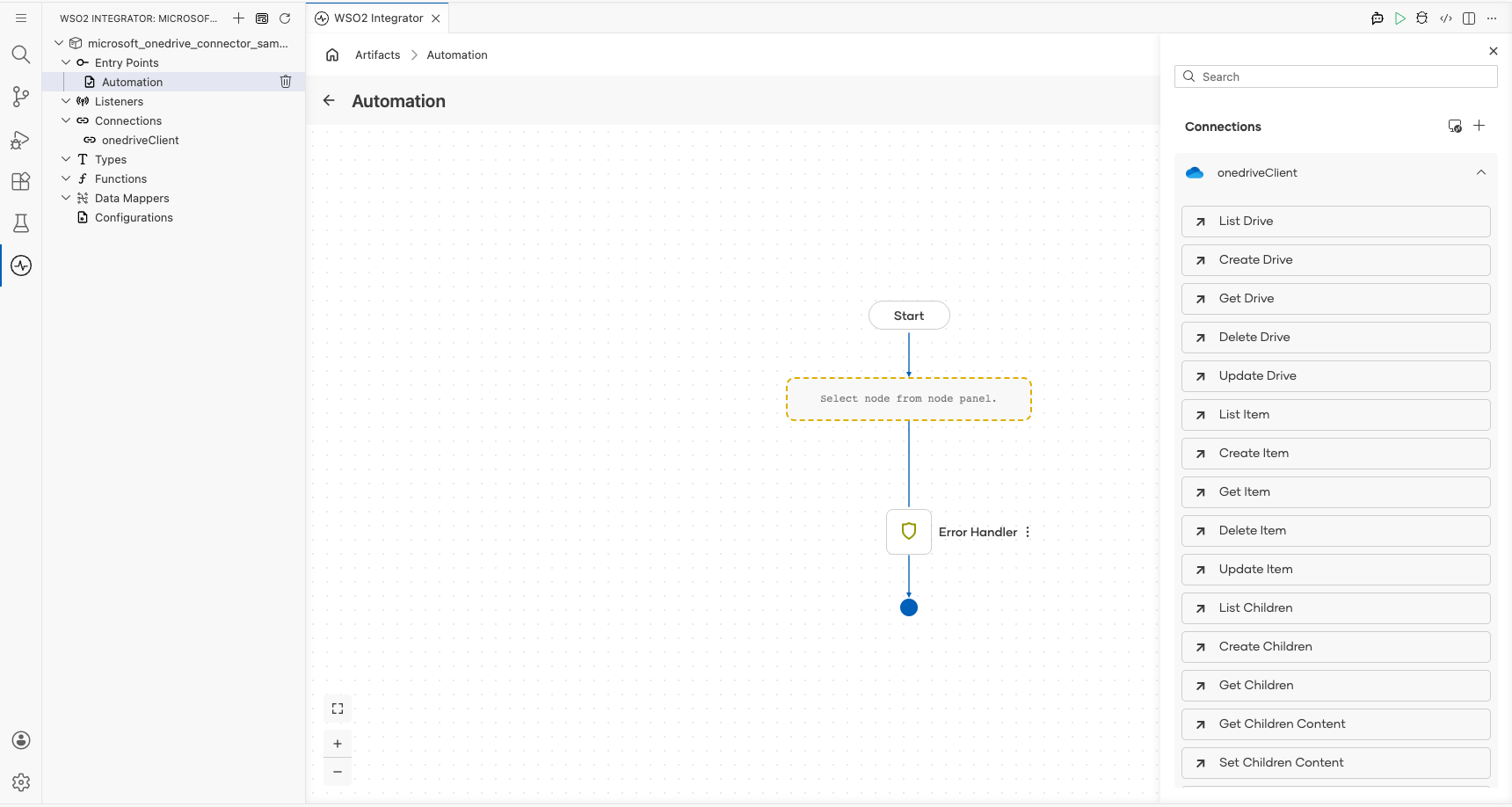 Microsoft OneDrive connection node expanded showing all available operations before selection