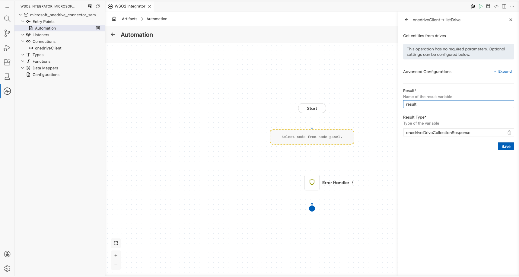 Microsoft OneDrive listDrive operation configuration filled with all values