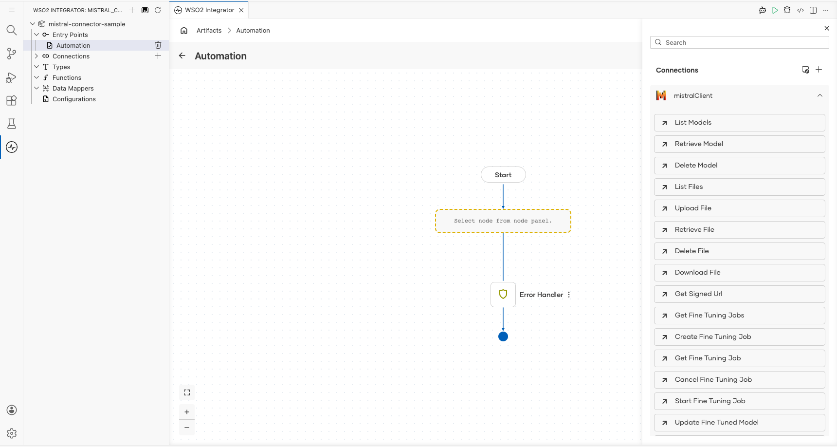 Mistral connection node expanded showing all available operations before selection