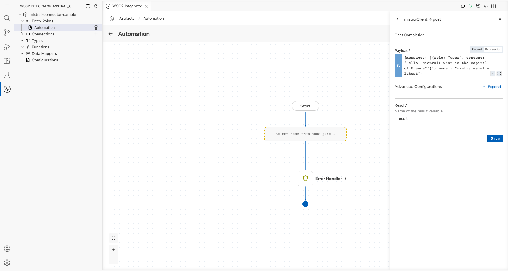 Mistral Chat Completion operation configuration filled with all values