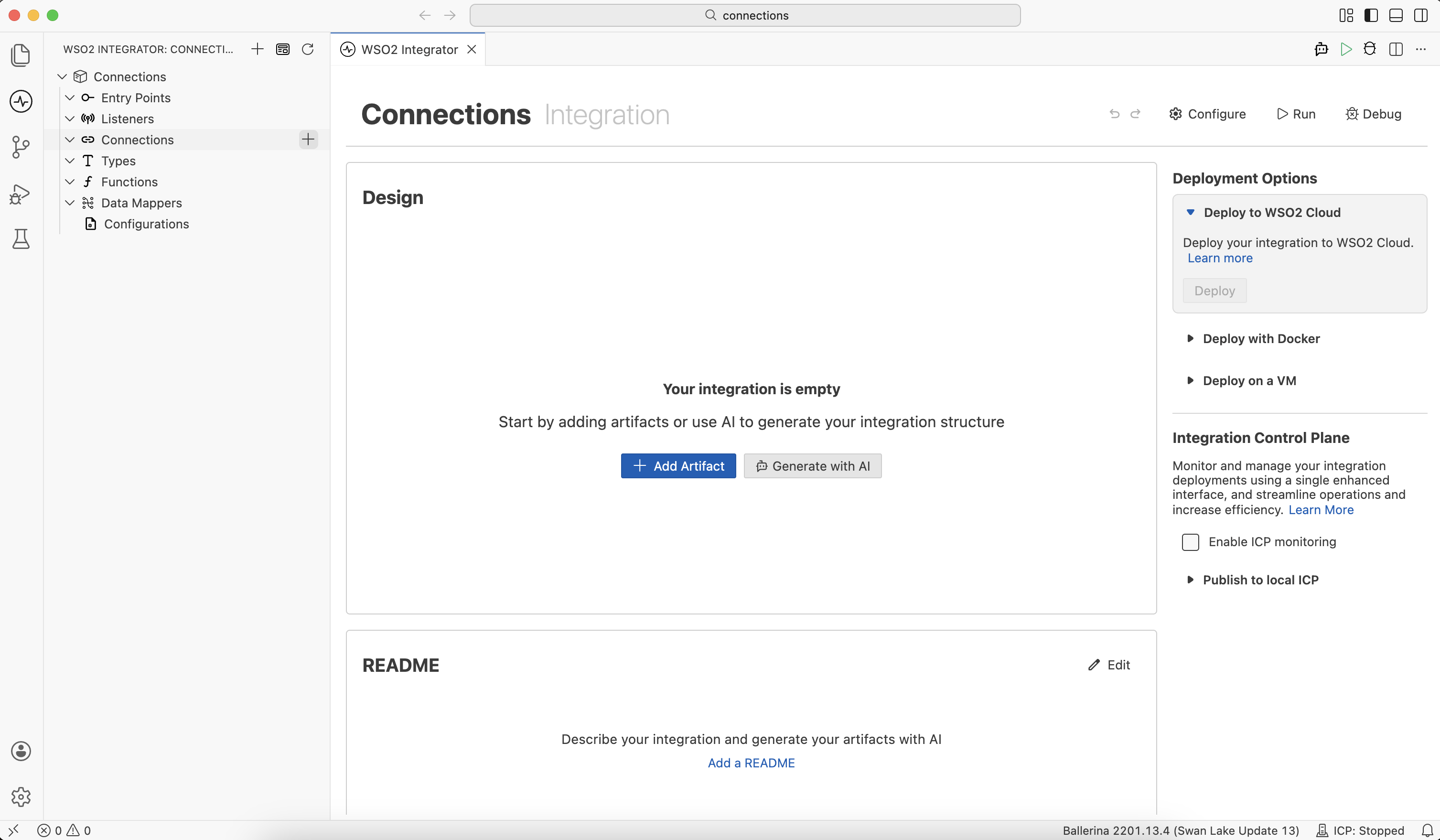 WSO2 Integrator Add connection via sidebar