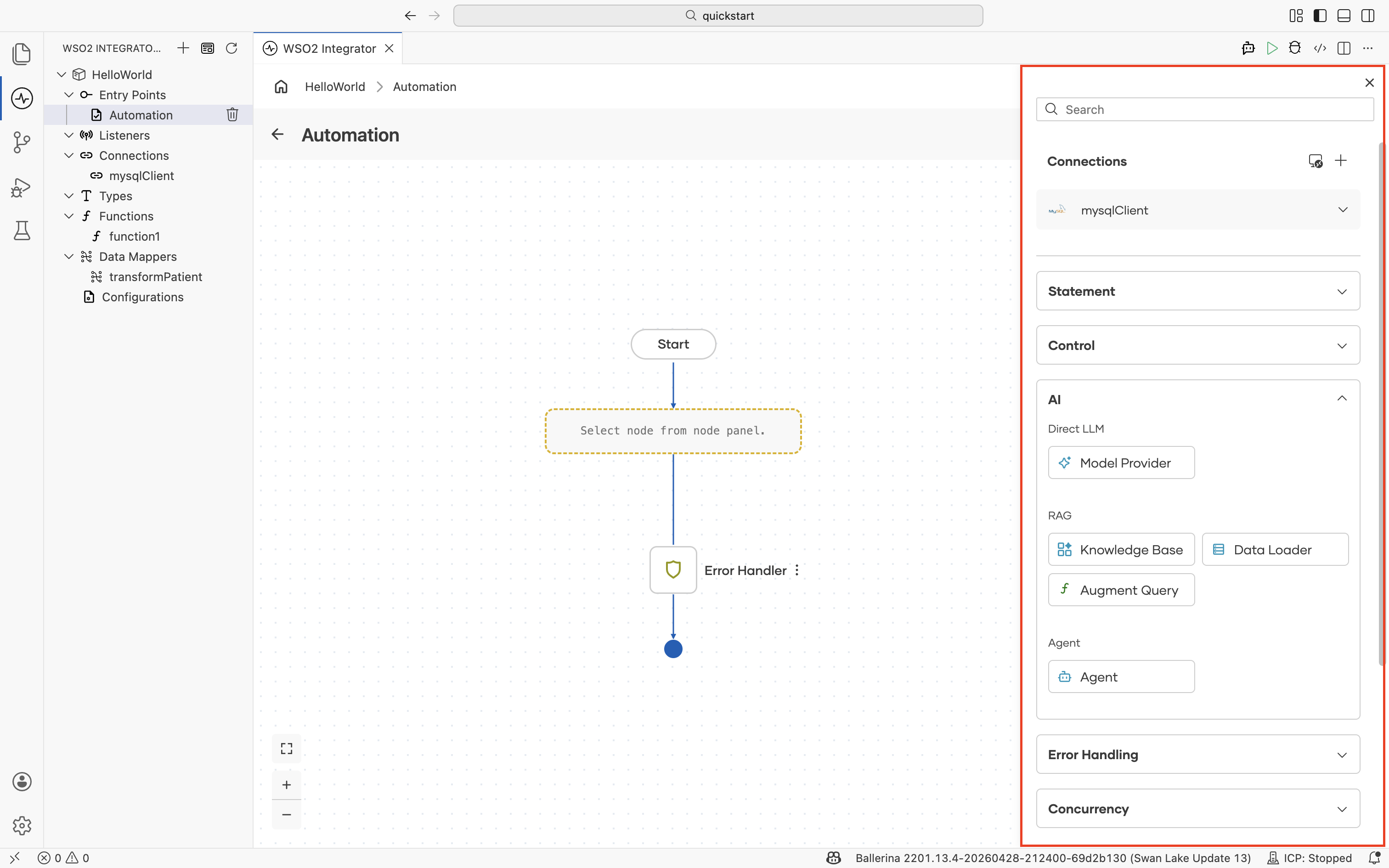 Node palette with Search, Connections, and category sections