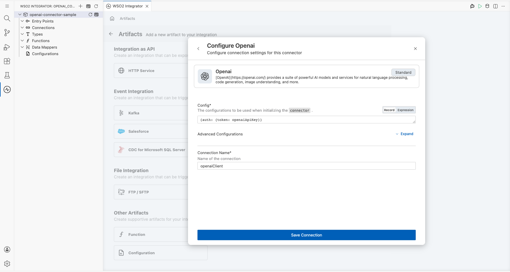 OpenAI connection form fully filled with all parameters before saving