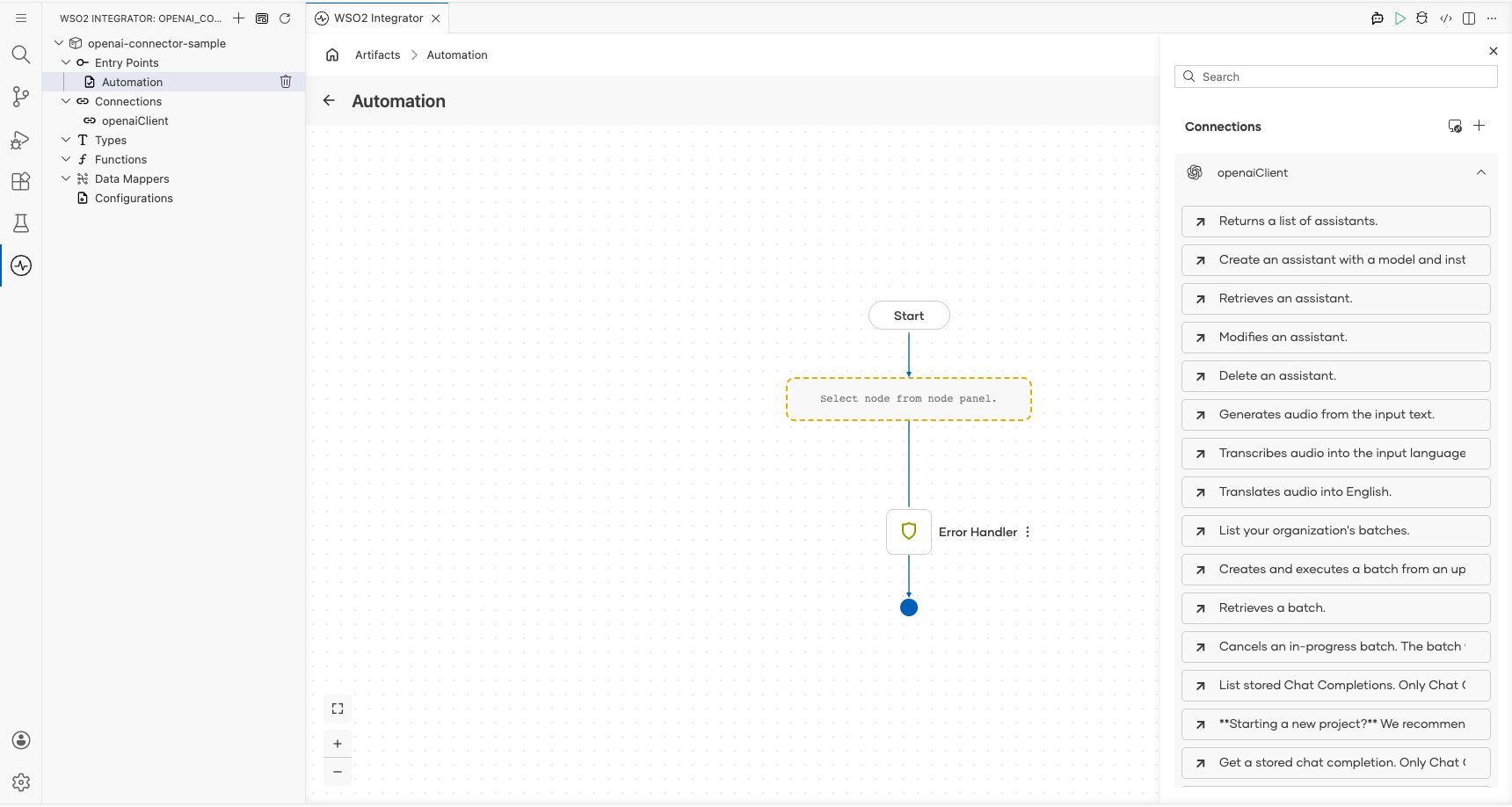 OpenAI connection node expanded showing all available operations before selection