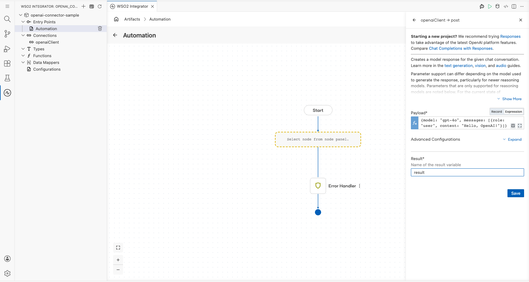 OpenAI createChatCompletion operation configuration filled with all values