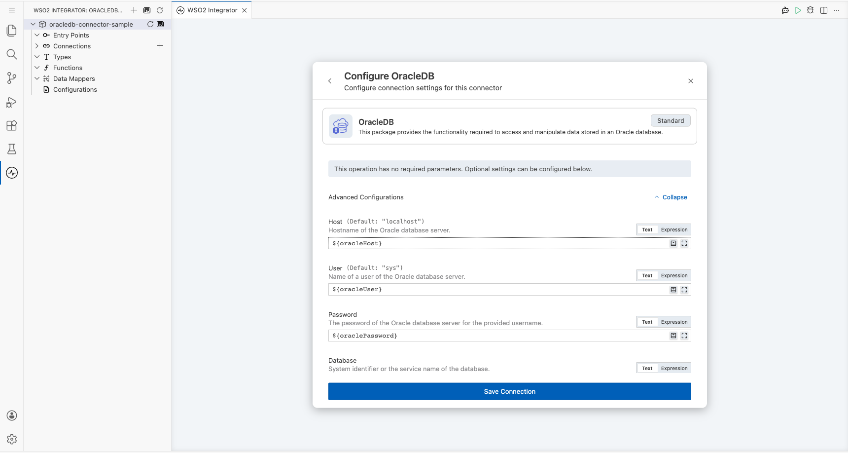 OracleDB connection form fully filled with all parameters before saving