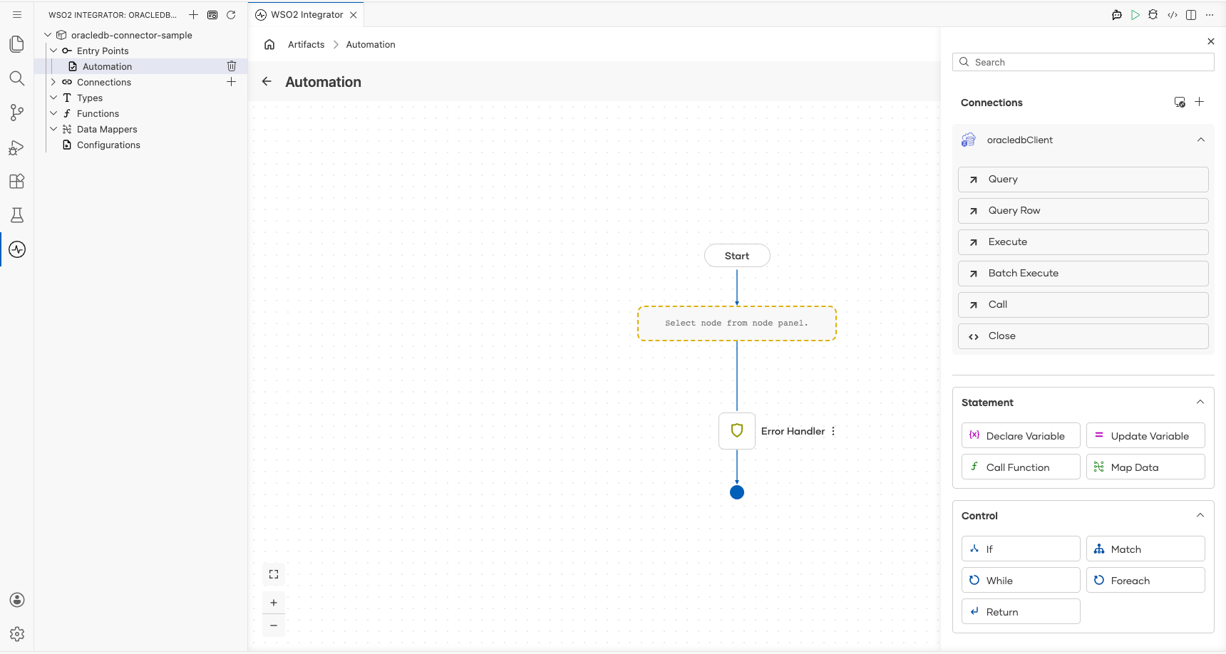 OracleDB connection node expanded showing all available operations before selection