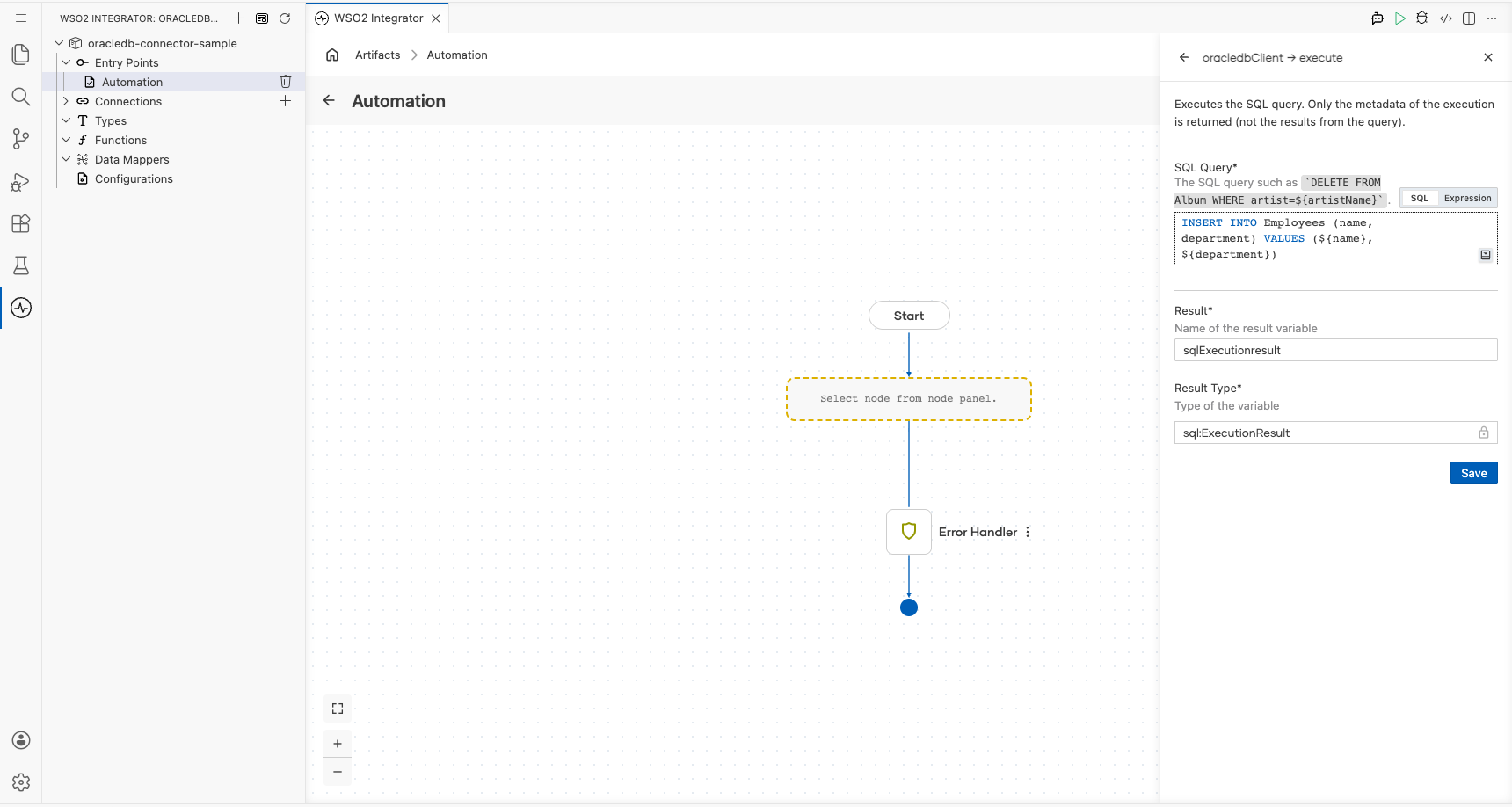 OracleDB execute operation configuration filled with all values