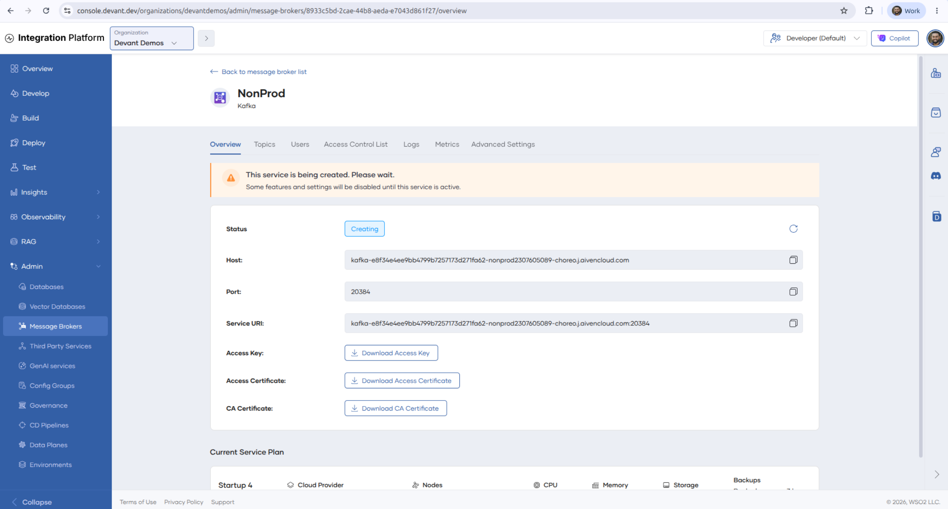 Overview tab of a Kafka server showing the host, port, service URI, and certificate downloads