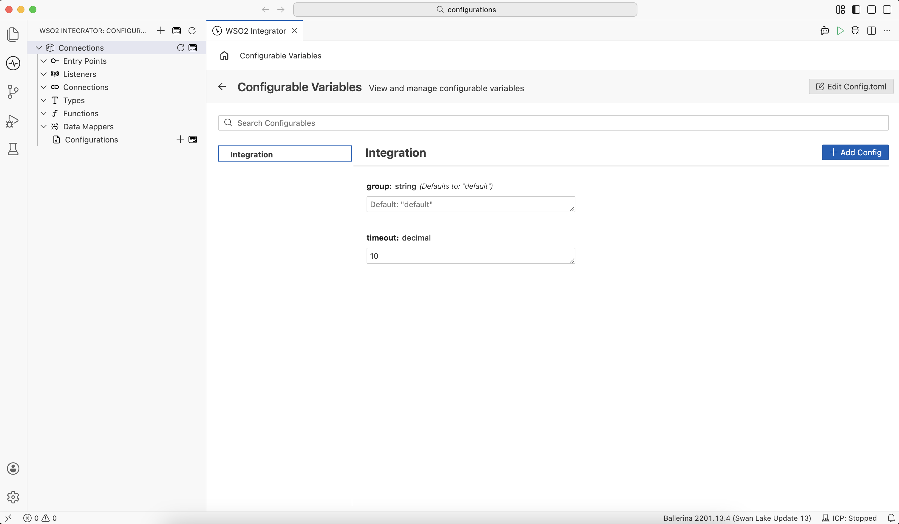 Providing values in the Configurable Variables panel