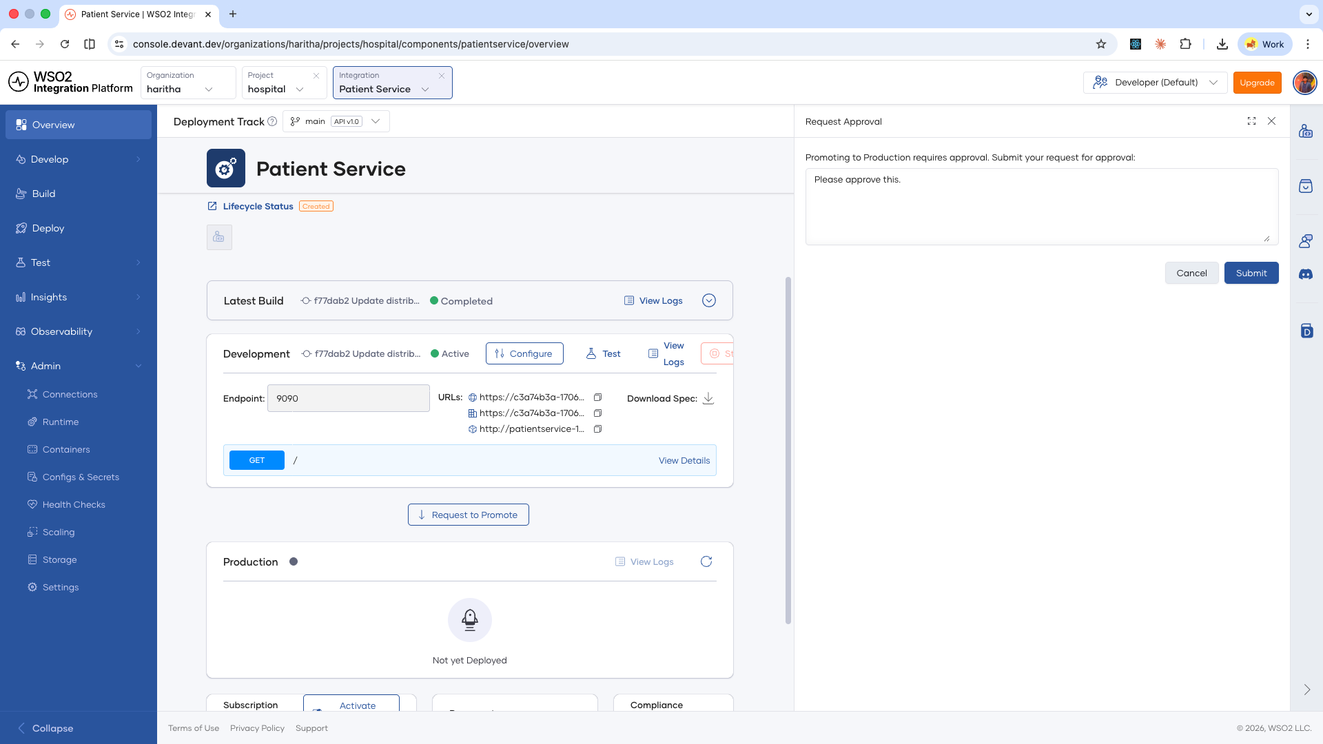 Request Approval drawer with a message field and Submit button