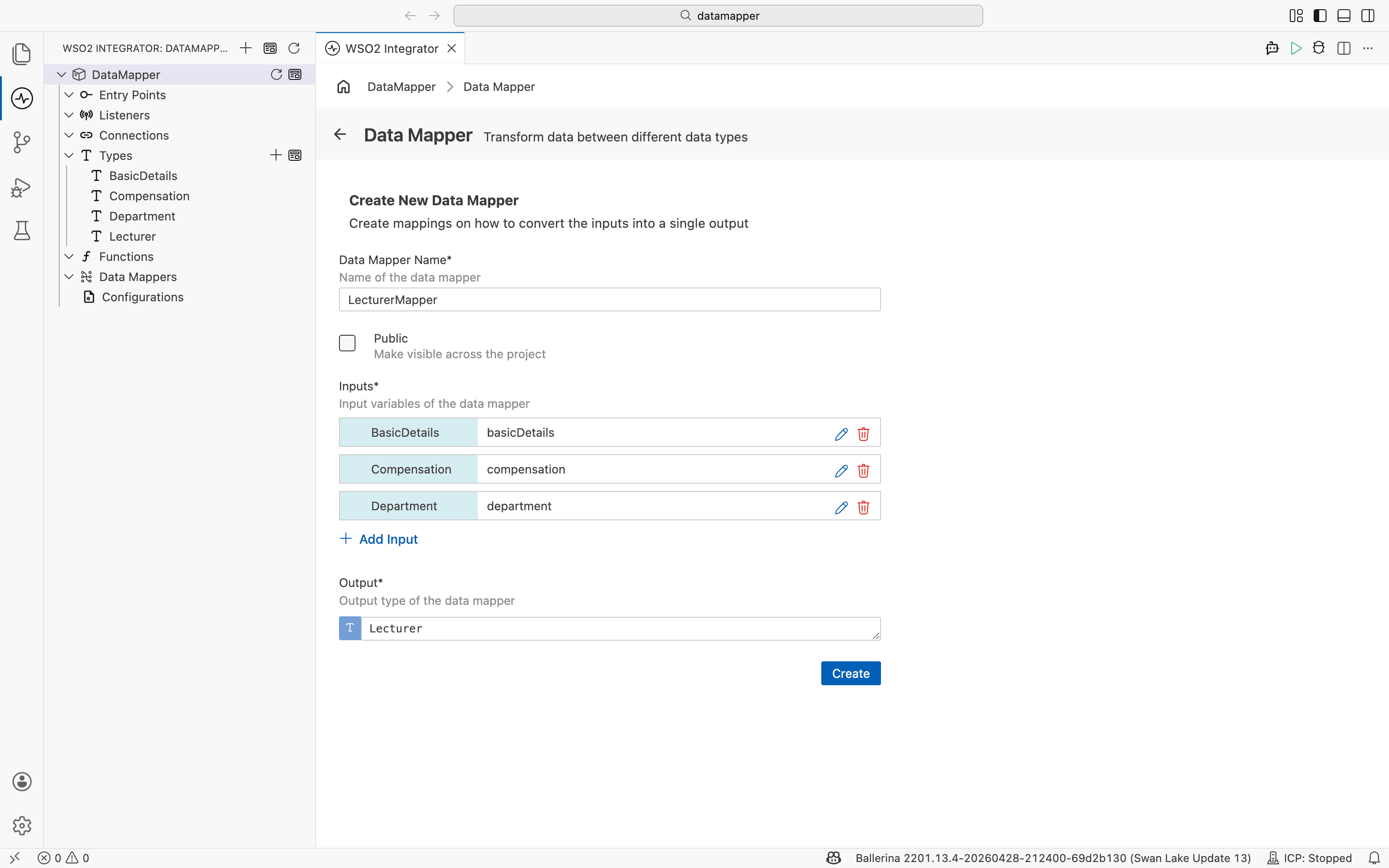 Create New Data Mapper form with Name, Public, Inputs, and Output fields