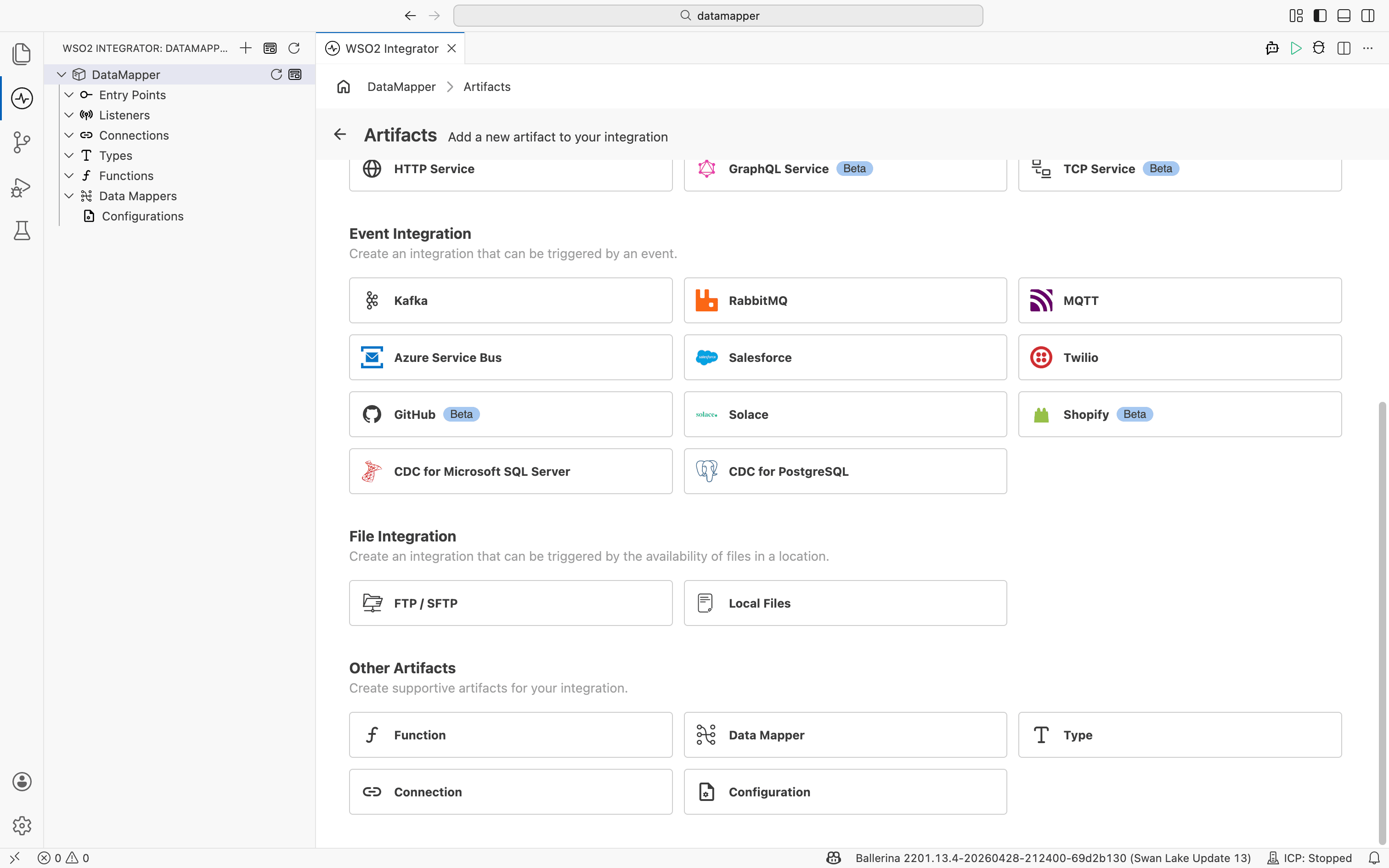 Artifacts page with the Data Mapper option highlighted under Other Artifacts