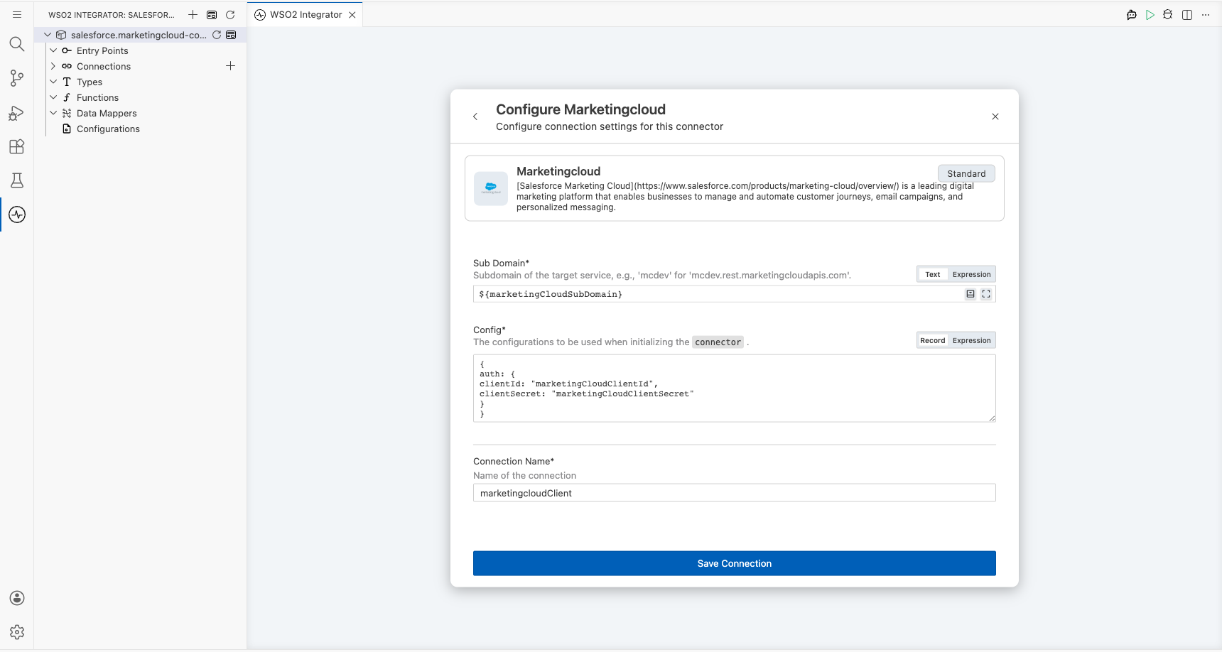 Salesforce Marketing Cloud connection form fully filled with all parameters before saving