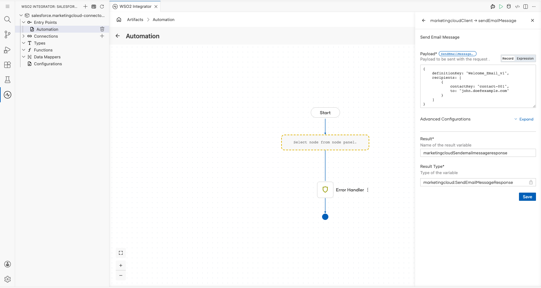 Salesforce Marketing Cloud Send Email Message operation configuration filled with all values