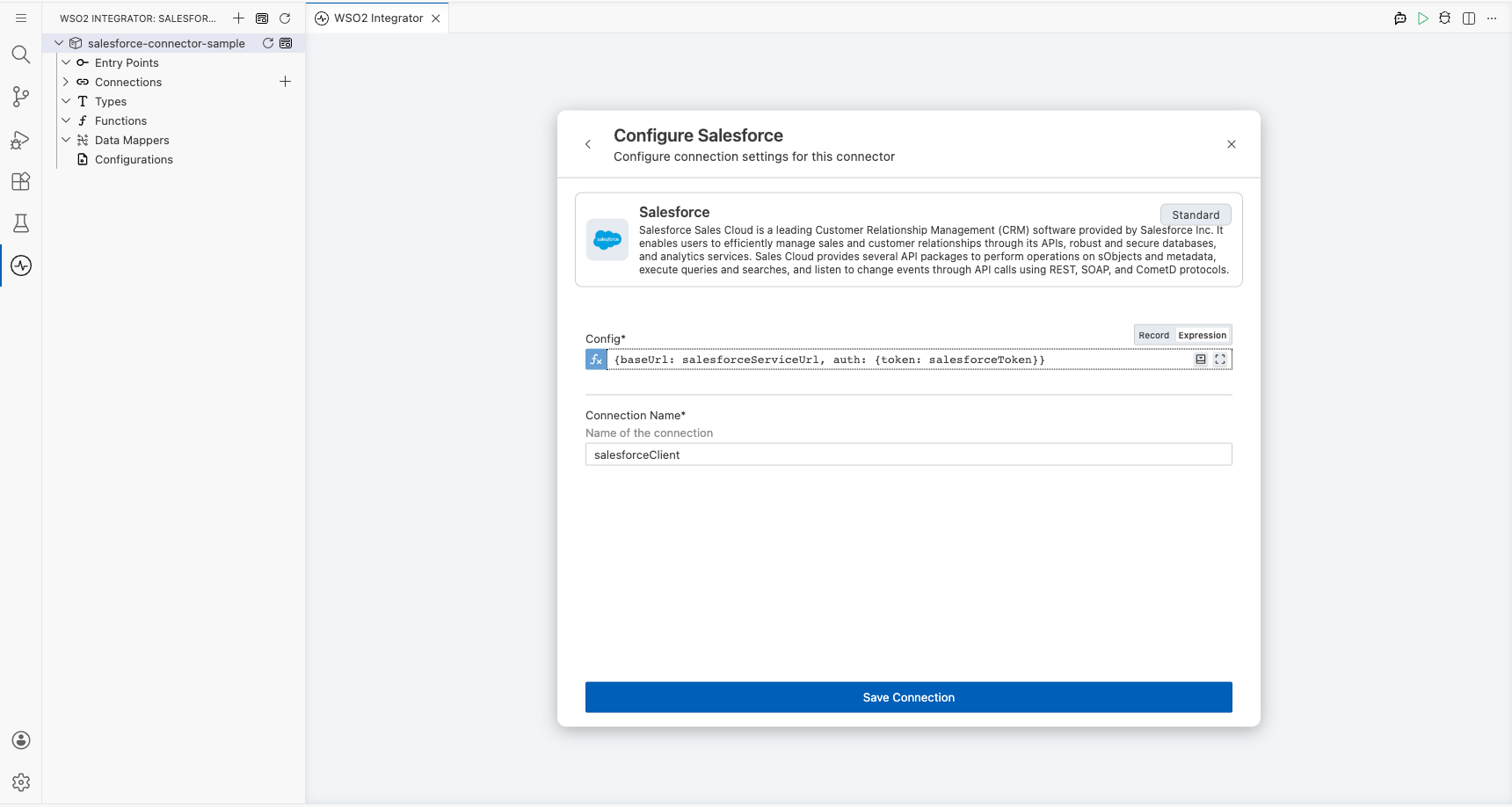 Salesforce connection form fully filled with all parameters before saving
