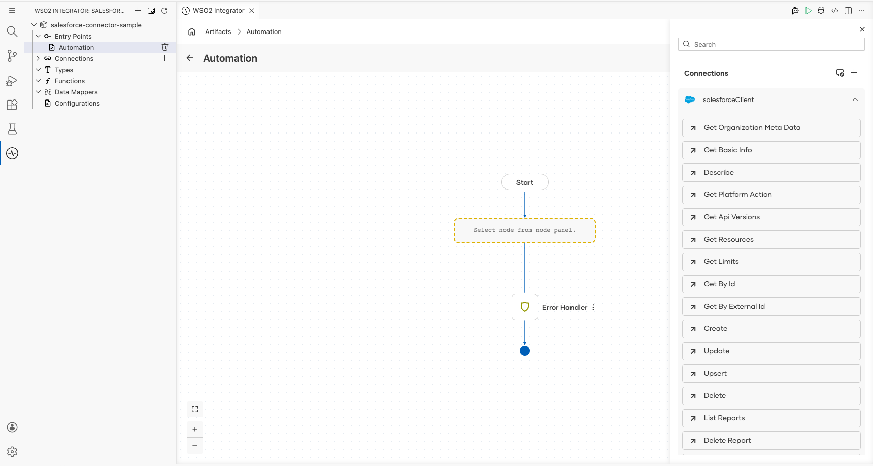 Salesforce connection node expanded showing all available operations before selection