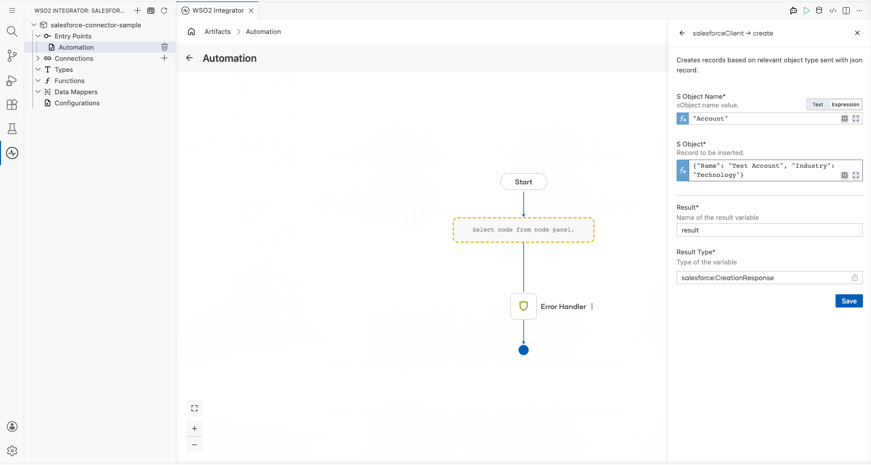 Salesforce create operation configuration filled with all values