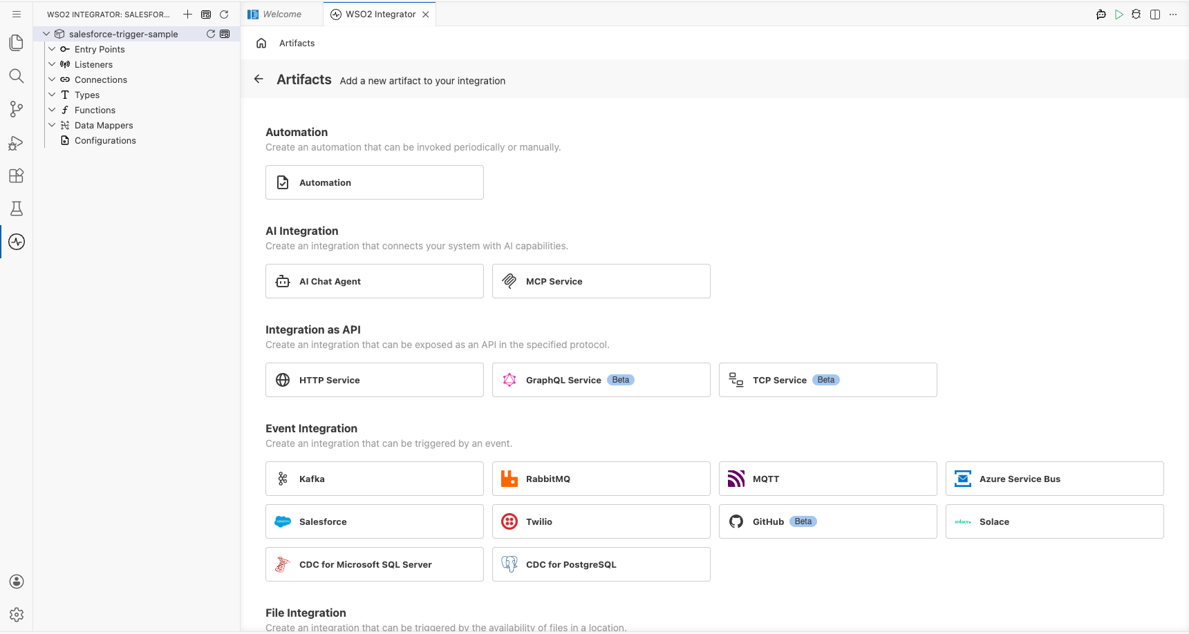 Artifacts palette open showing the Event Integration category with the Salesforce Event Integration card visible