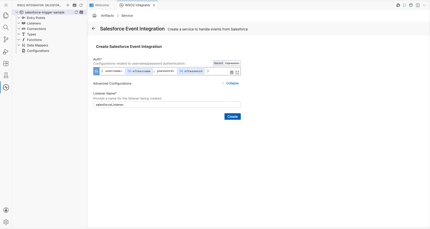 Salesforce Event Integration trigger configuration form fully filled with all listener parameters before clicking Create