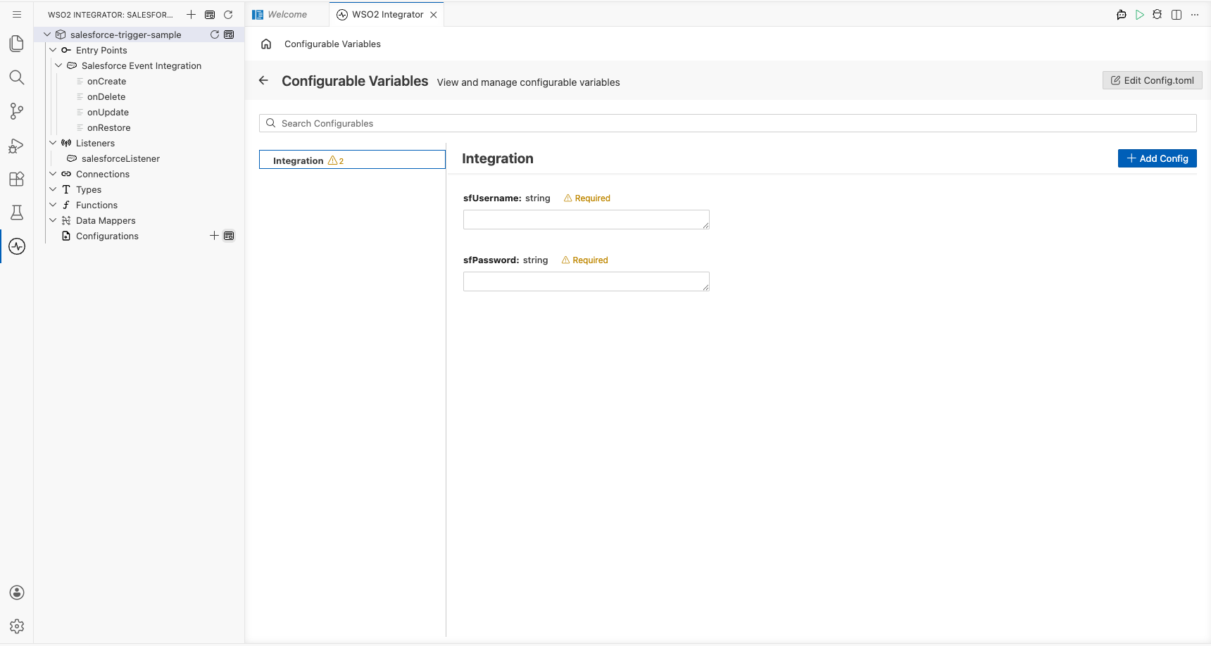 Configurations panel open showing the configurable variables listed with empty value fields