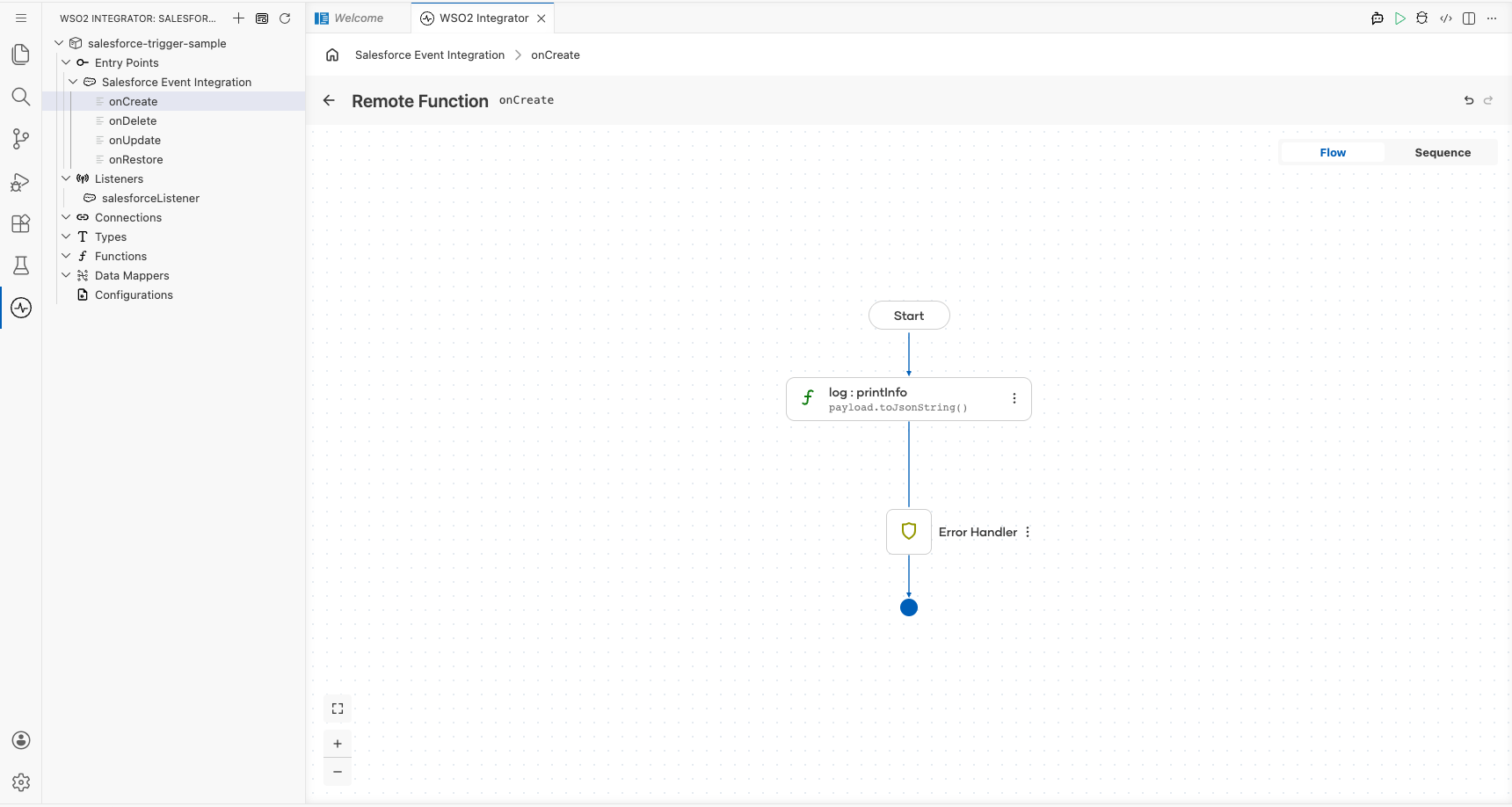 onCreate handler flow canvas showing the log node with payload.toJsonString()