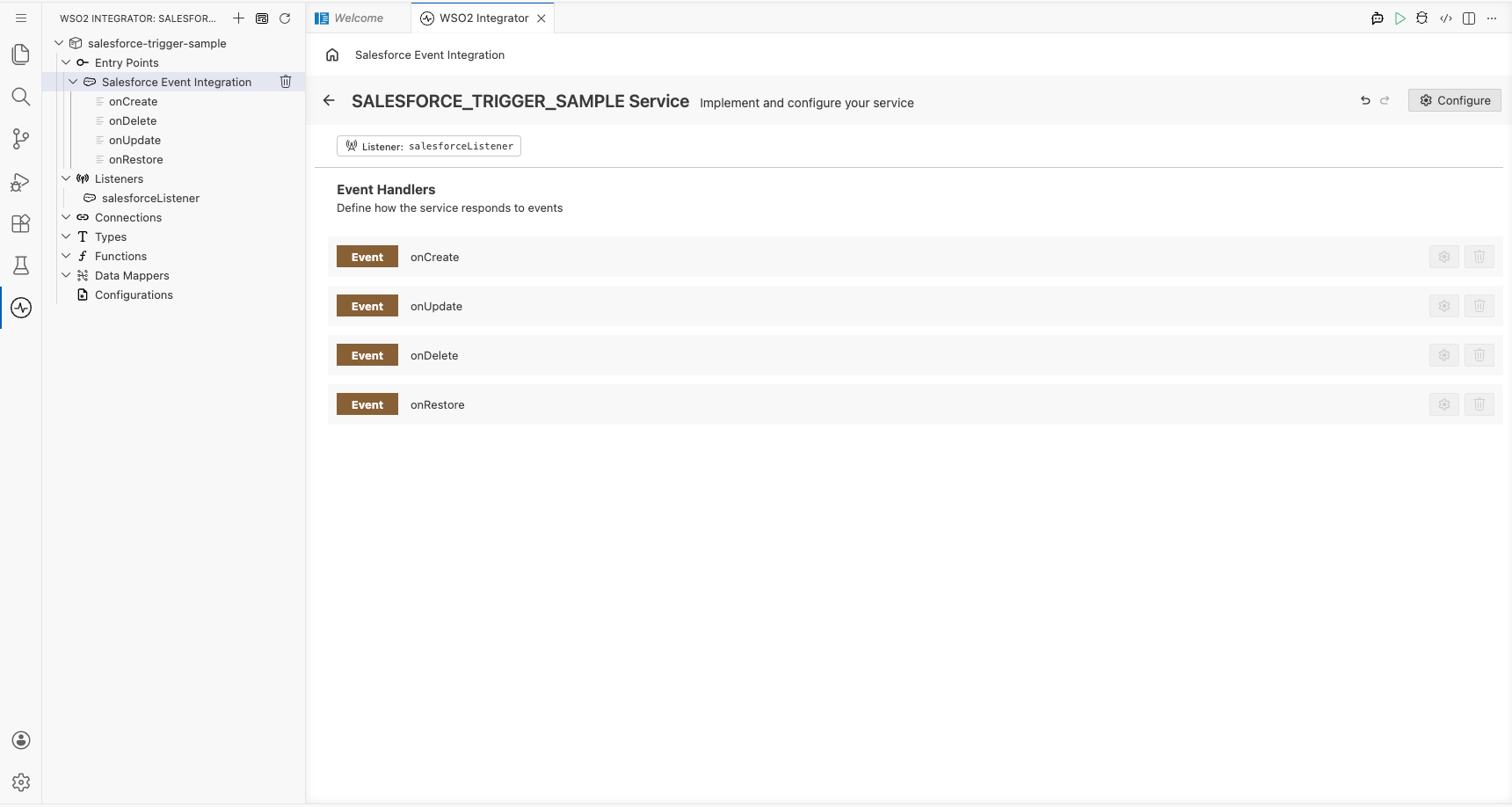 Final service view showing all four Salesforce event handler rows: onCreate, onUpdate, onDelete, onRestore: with the salesforceListener attached