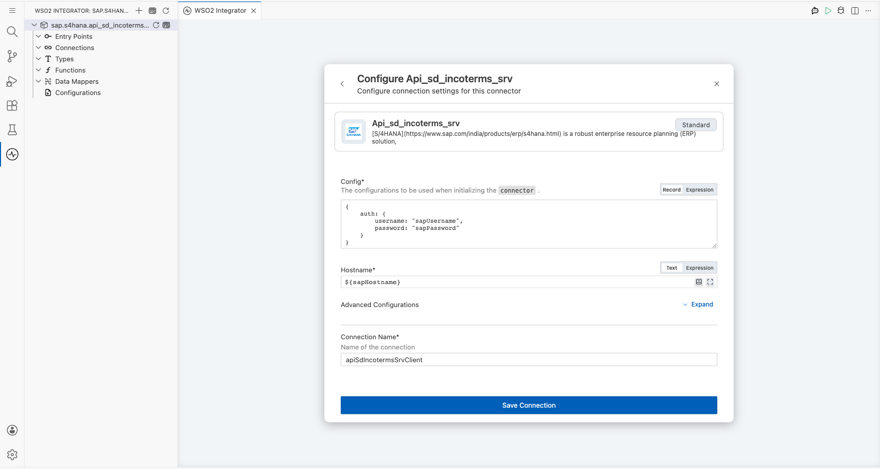 Connection form with all parameters bound to configurable variables before saving