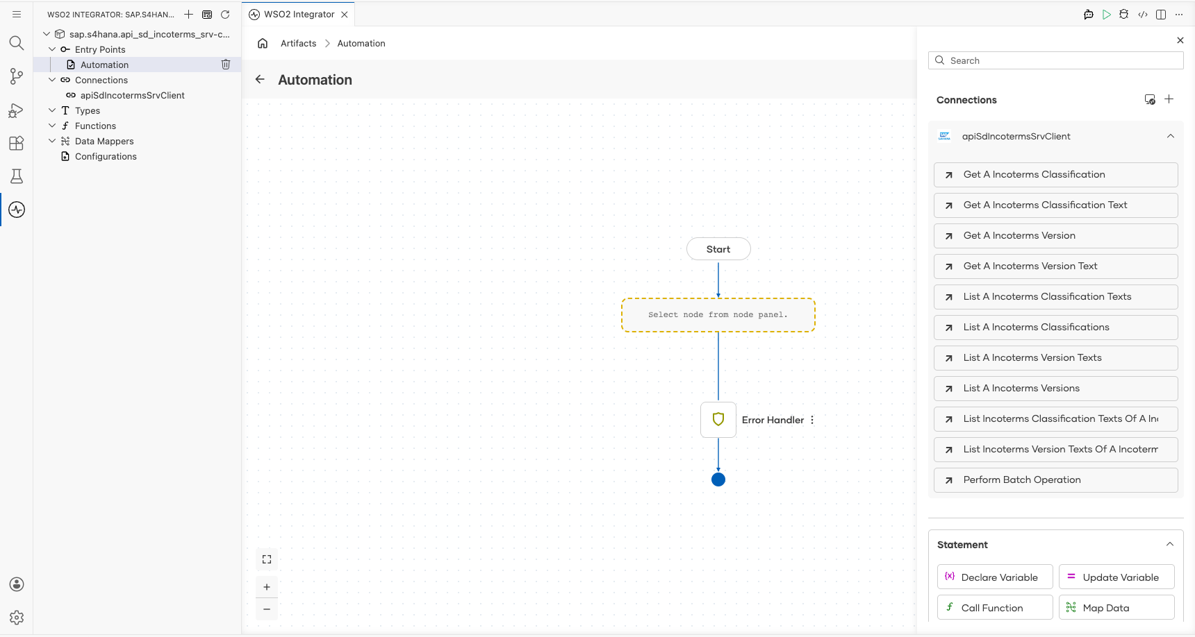 Connection node expanded in the node panel showing all available SAP Incoterms operations before selection