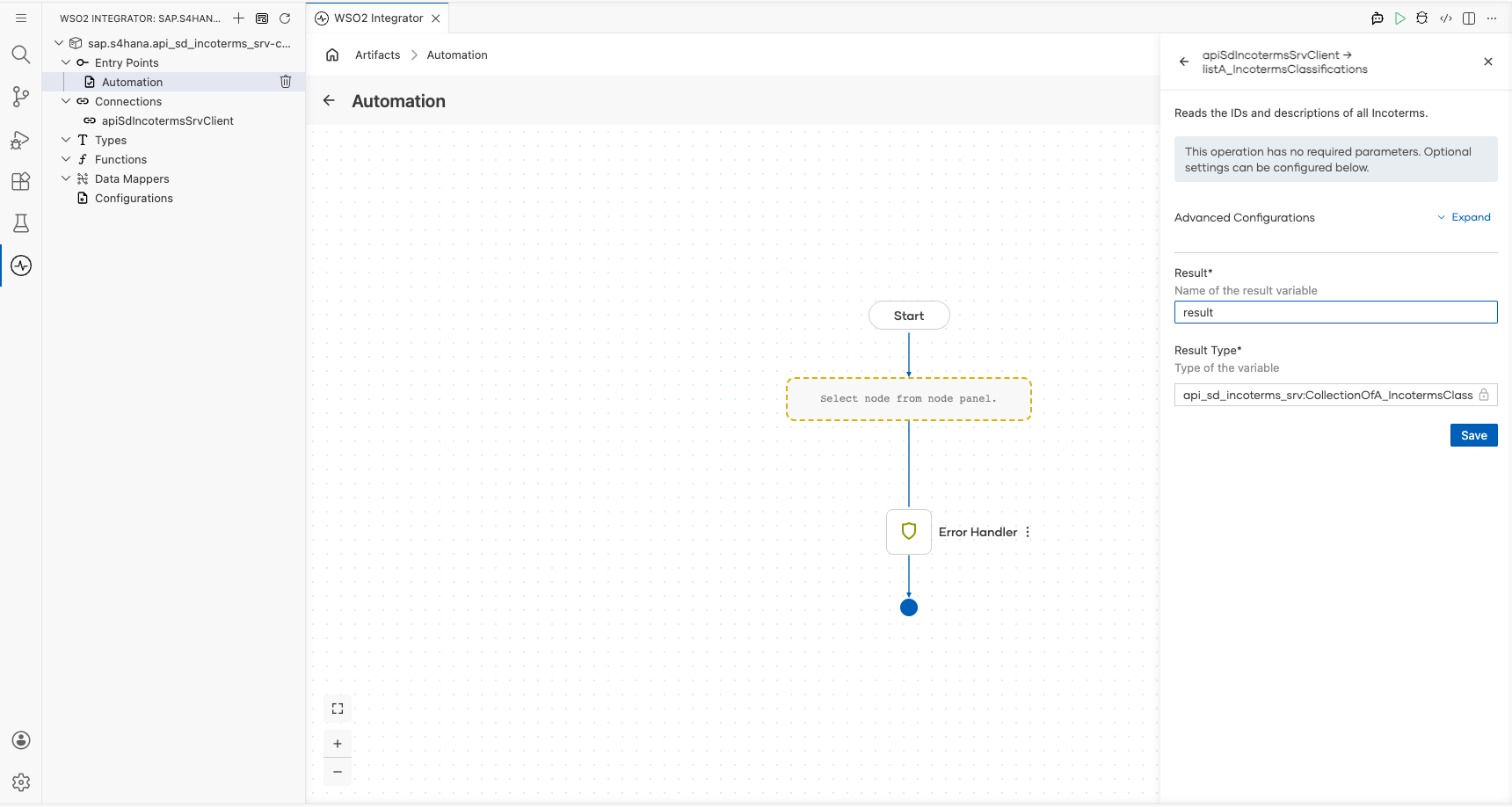Operation configuration form showing all input fields filled and result variable bound