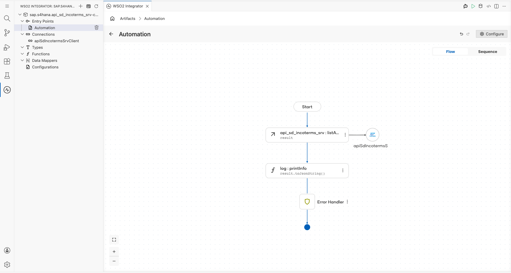 Completed automation flow showing Automation trigger, SAP Incoterms operation node, Log Info node, and Error Handler all connected on canvas