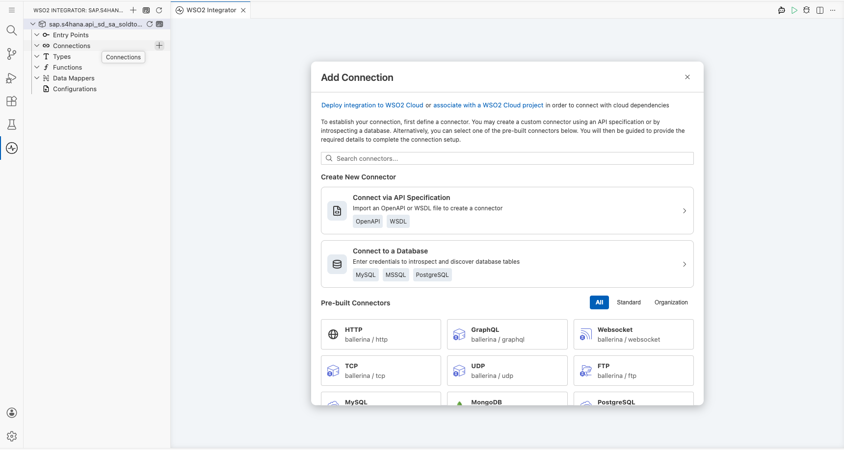 SAP S/4HANA connector palette open with search field before any selection