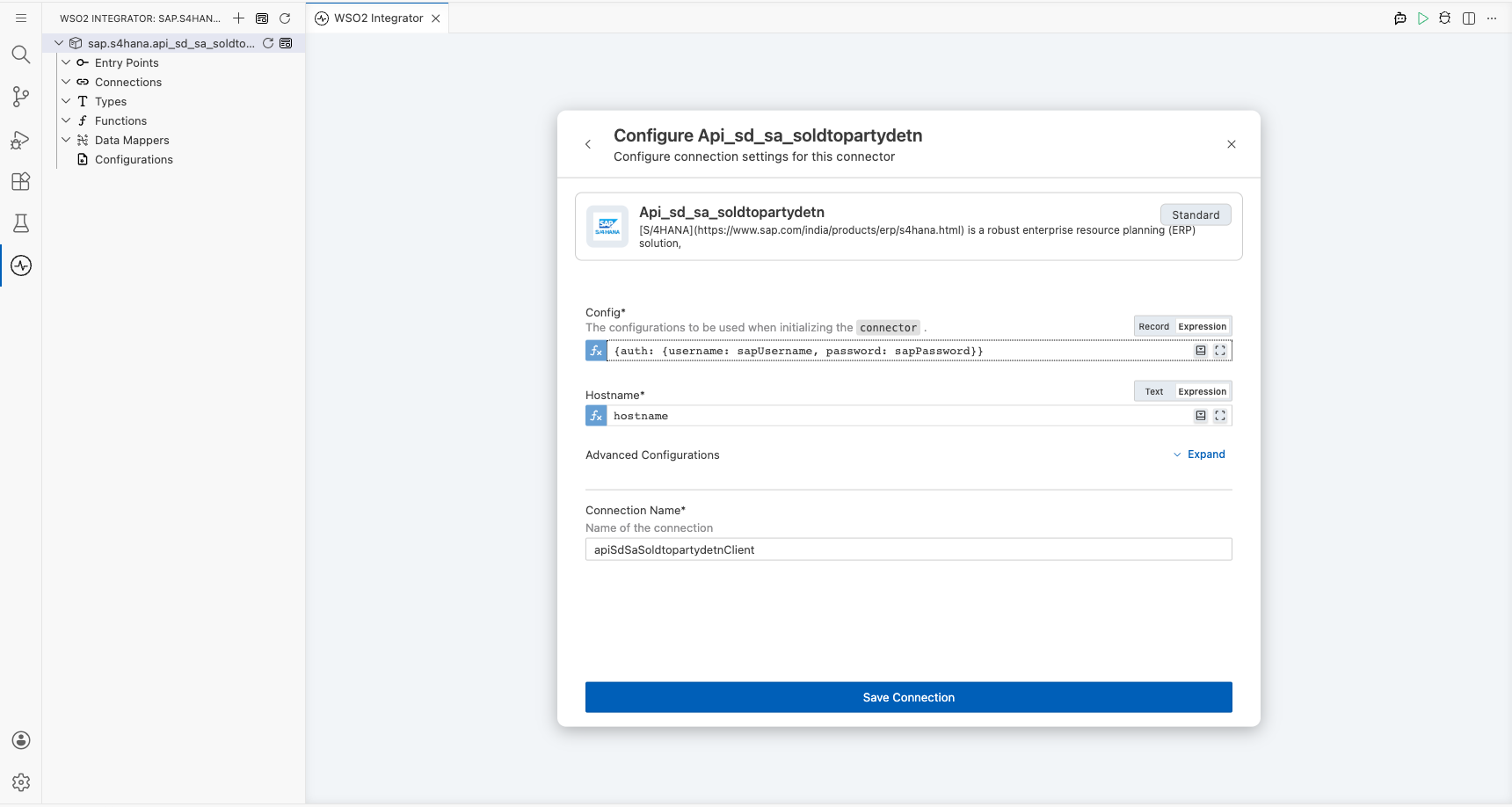 SAP S/4HANA connection form fully filled with all parameters before saving