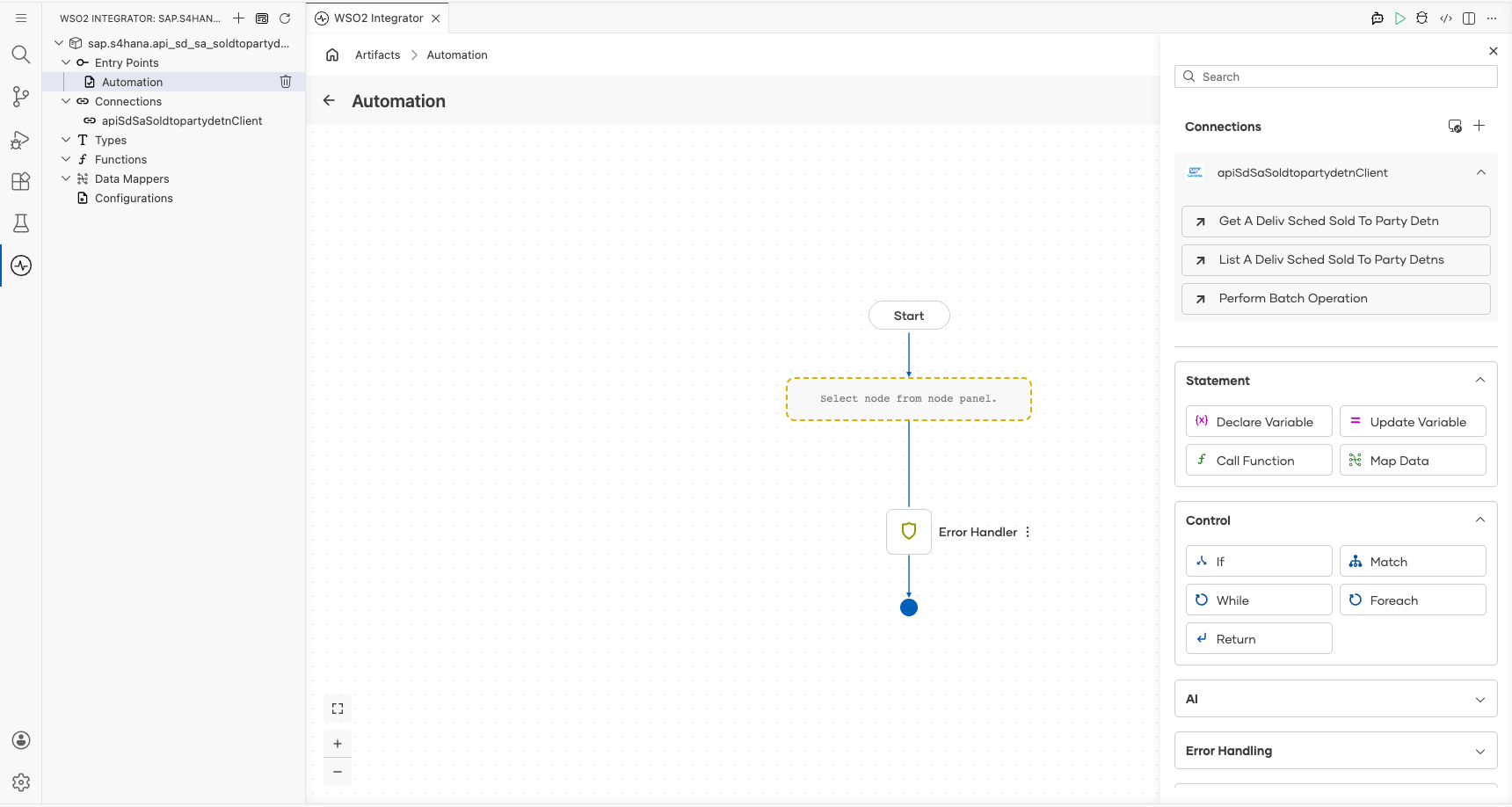 SAP S/4HANA connection node expanded showing all available operations before selection