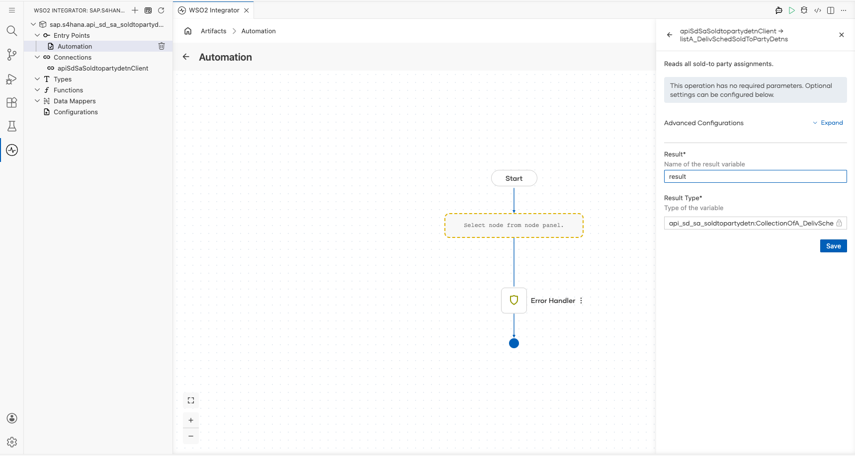 SAP S/4HANA listA_DelivSchedSoldToPartyDetns operation configuration filled with all values