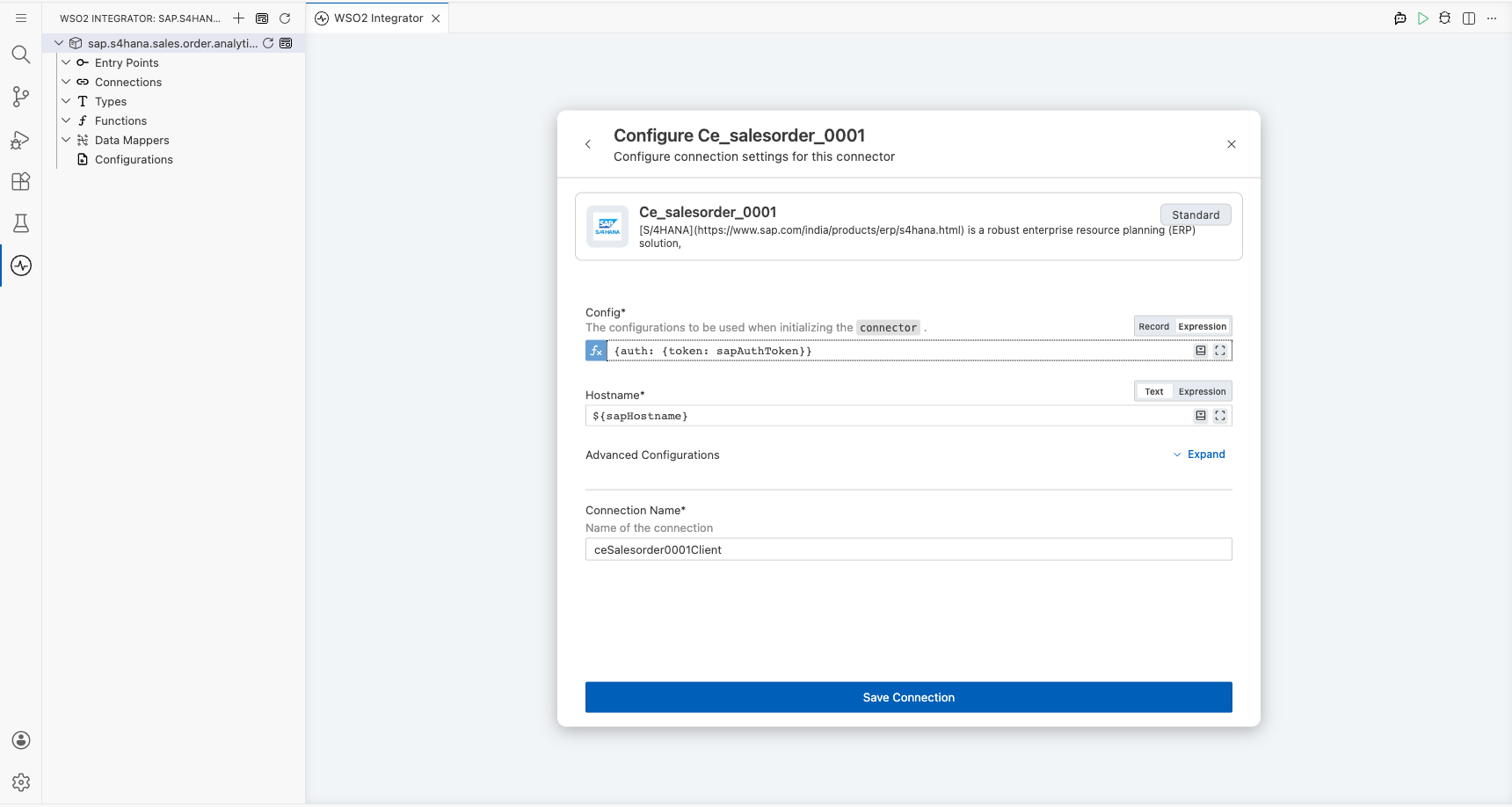 sap.s4hana.ce_salesorder_0001 connection form fully filled with all parameters before saving