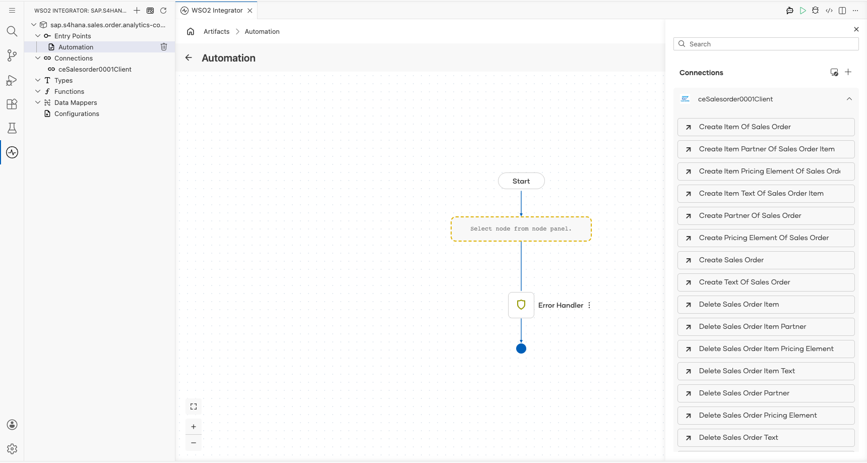 sap.s4hana.ce_salesorder_0001 connection node expanded showing all available operations before selection