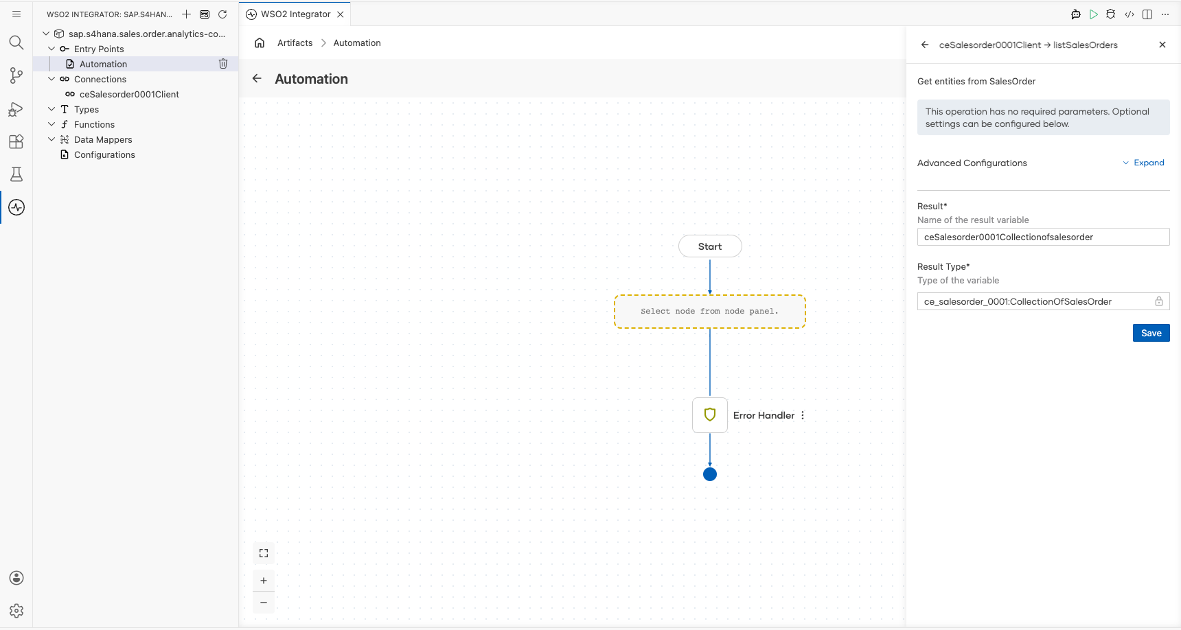 sap.s4hana.ce_salesorder_0001 listSalesOrders operation configuration filled with all values