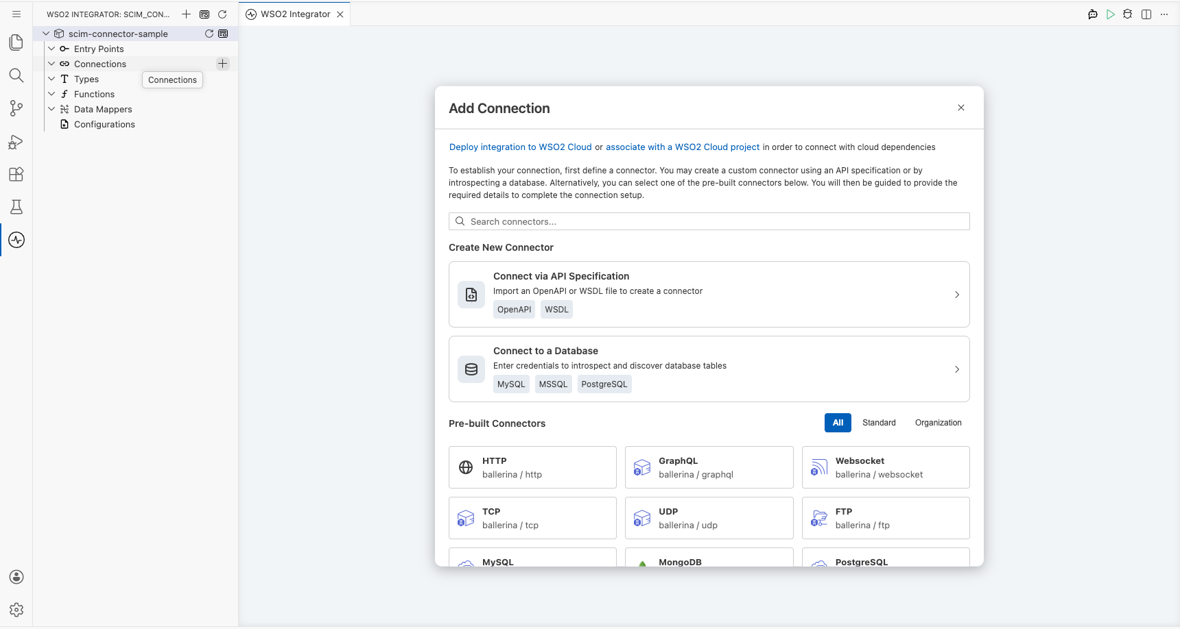 SCIM connector palette open showing the search field and connector list