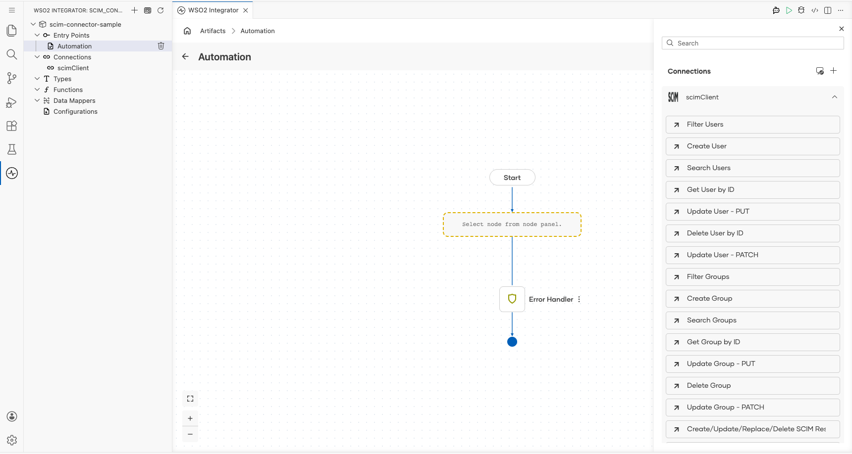 SCIM connection node expanded showing all available operations before selection
