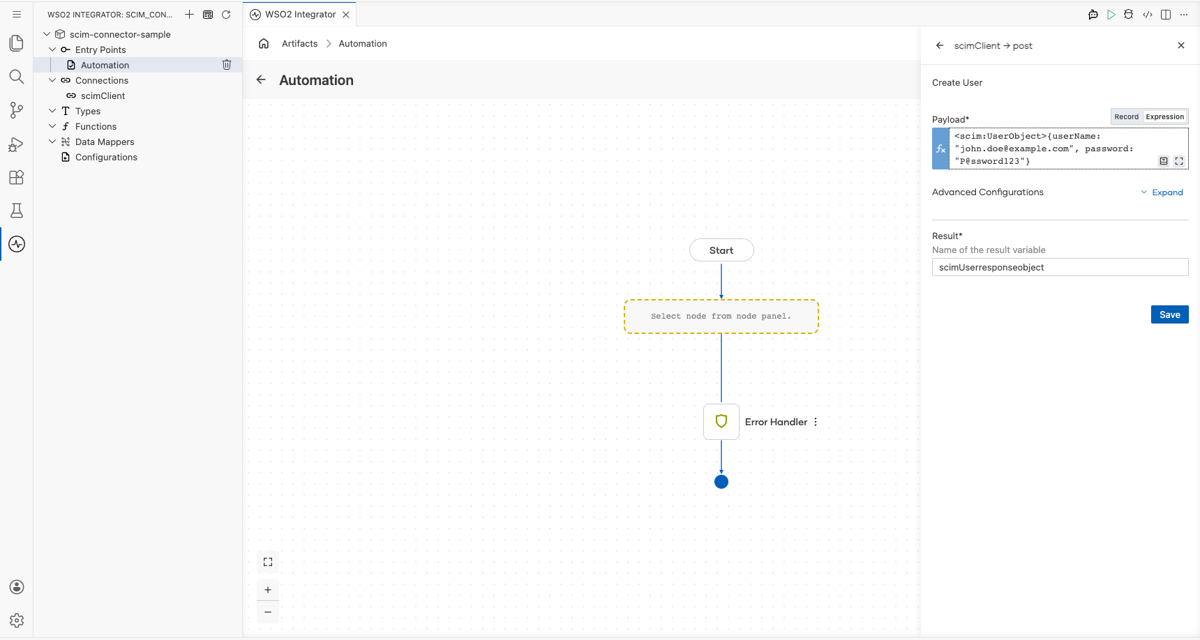 SCIM createUser operation configured with all input fields filled
