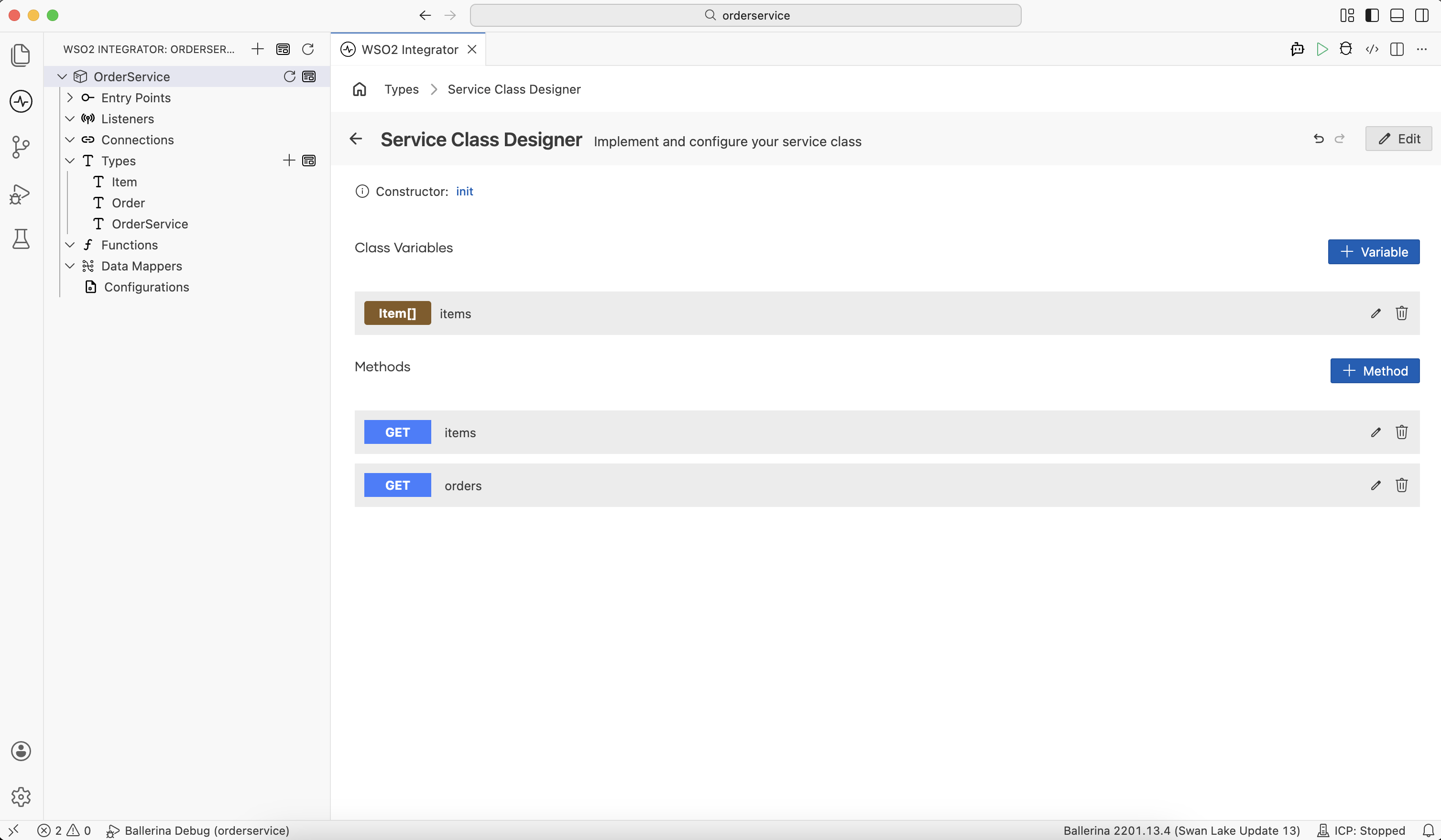Service Class Designer showing Class Variables and Methods sections