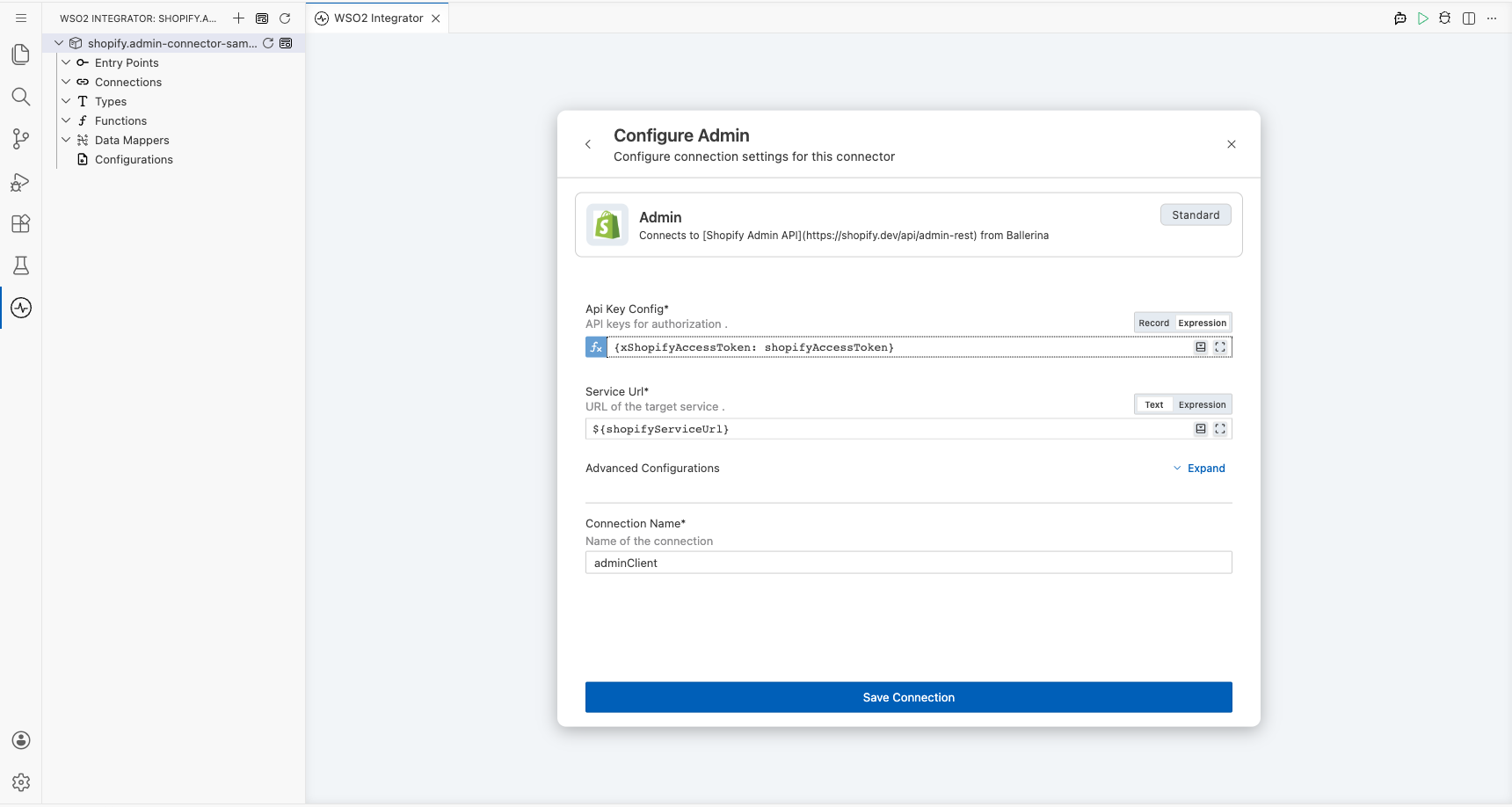 Connection form with all Shopify Admin parameters bound to configurable variables
