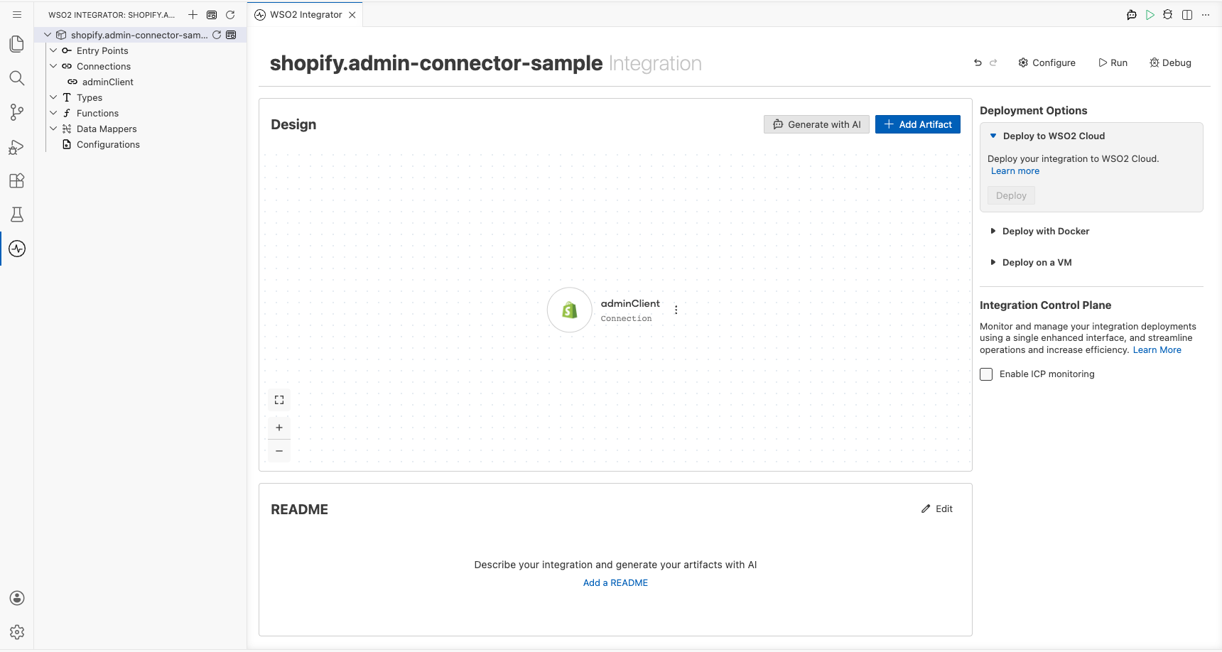 Low-code canvas showing the saved shopify.admin connection entry